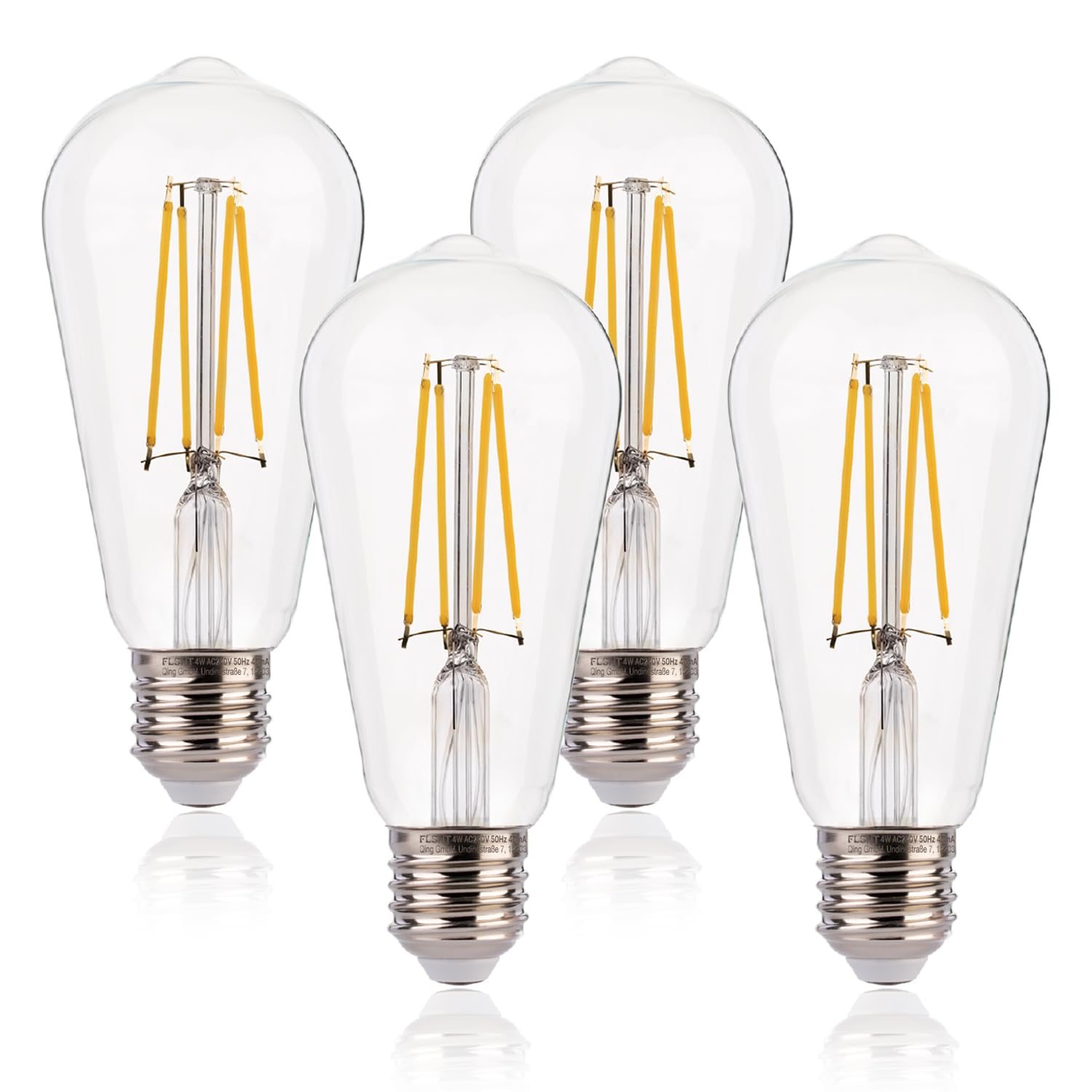 FLSNT Dimmbar Glühbirne E27 Ersetzt 40W, 4W ST58 LED Filament Leuchtmittel E27, 470LM Edison Vintage Glühbirne E27, 2700K Warmweiss, Klar Glas, 4 Stück