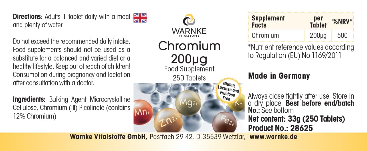 Chrom 200μg – 250 tabletek, każda zawierająca 200μg – wyprodukowano z pikolinianu chromu – WYSOKA DAWKA – niemiecka jakość farmaceutyczna – wegańskie | Warnke Vitalstoffe