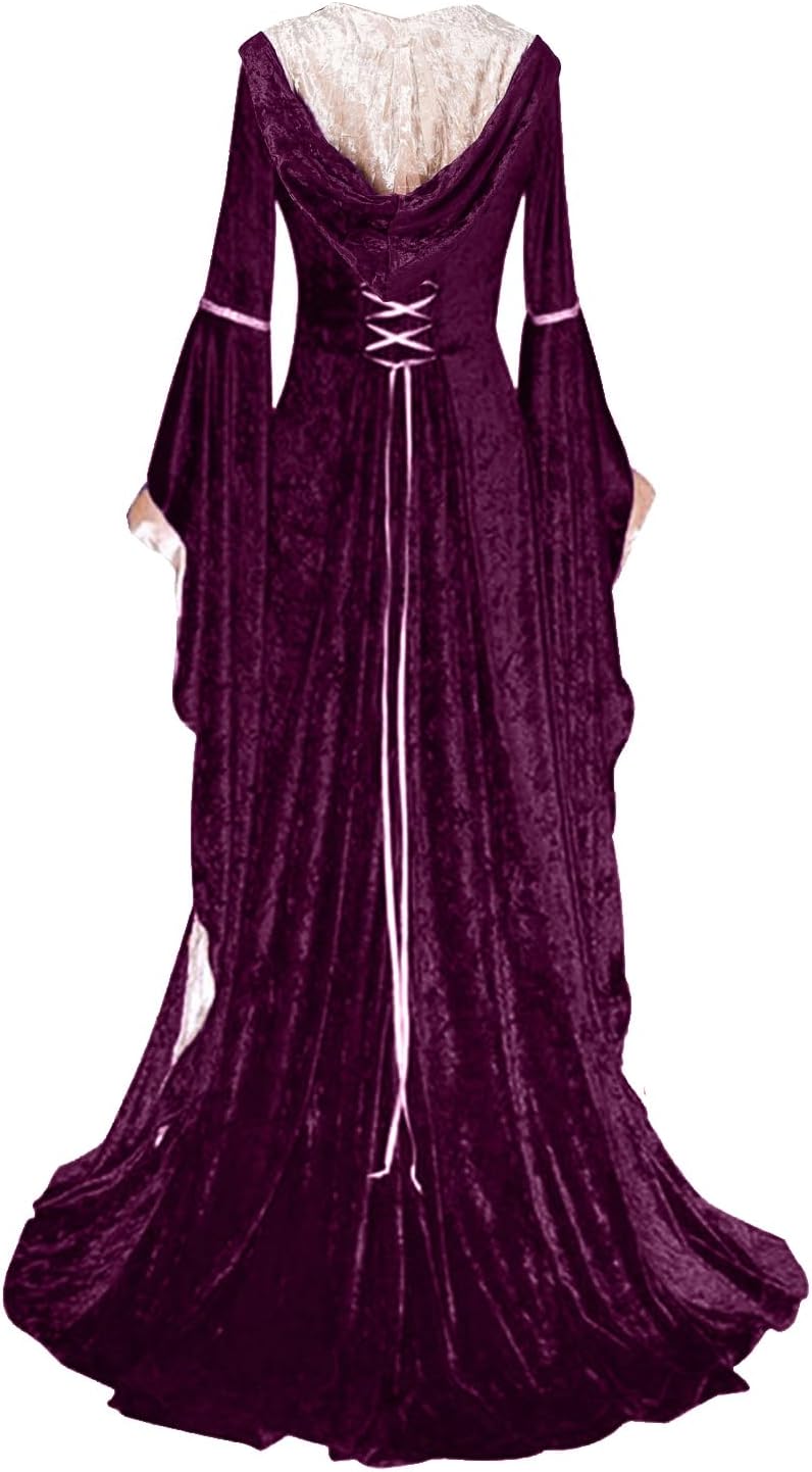 PYAEAS Womens Renaissance Velvet Dress Halloween Victorian Hooded Gown Dresses Medieval Gothic Vampire Costumes Cosplay - Image 3