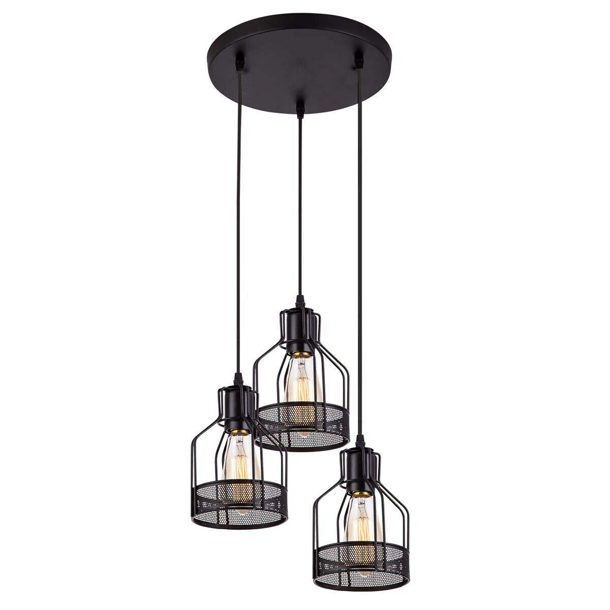 LEDSone Vintage Style 3 Way Light Ceiling Pendant Lighting Stairs Hanging 3 in a Row E27 Pendant Adjustable Cable Metal Light Shade Dining Table Kitchen Living Room Lights (Black)