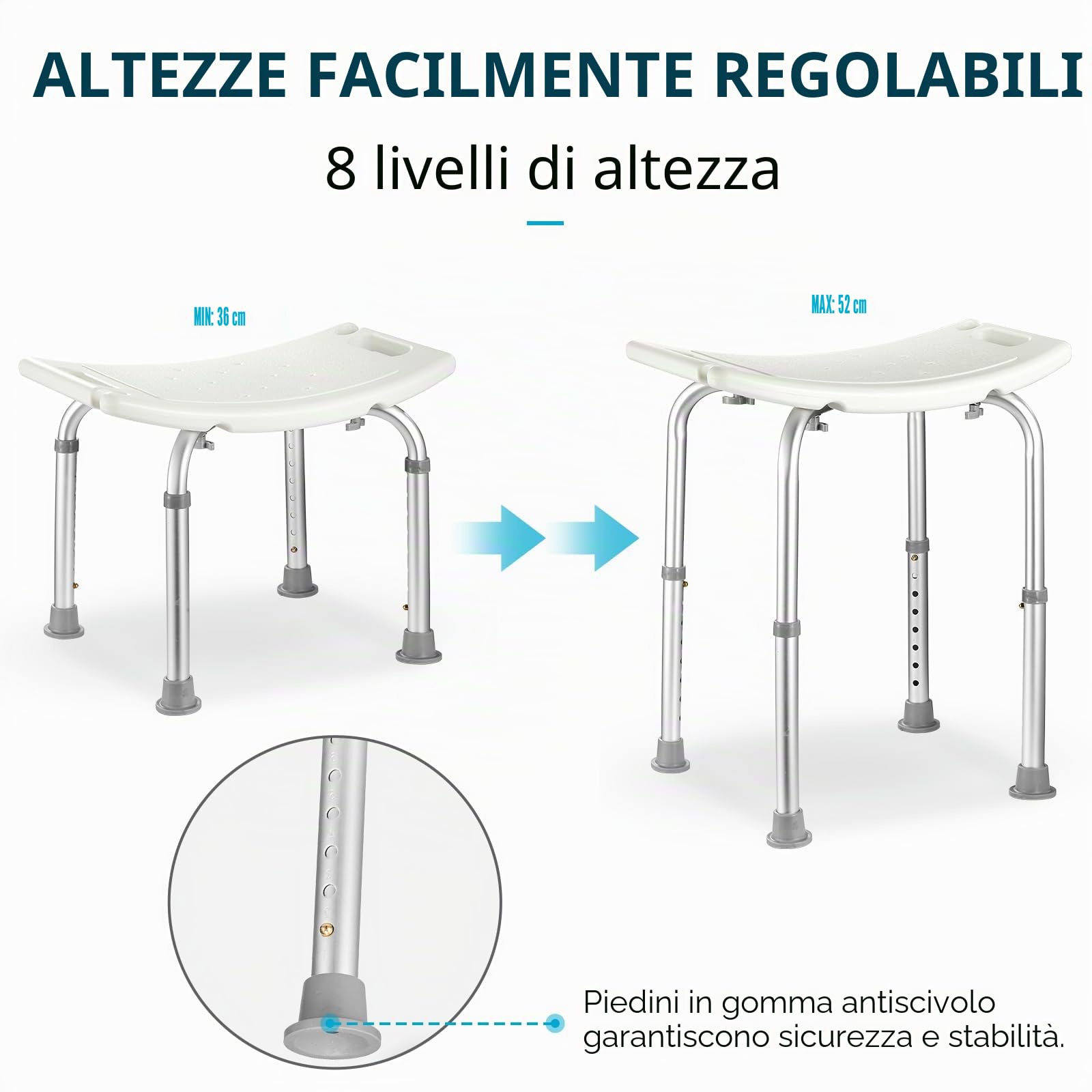 Sgabello da Bagno, 8 Livelli di Altezza, 38 – 55 cm, Gambe in Alluminio e Sedile Antiscivolo per la Doccia Interna, Sgabello da Doccia Leggero e Sottile per Anziani e Disabili