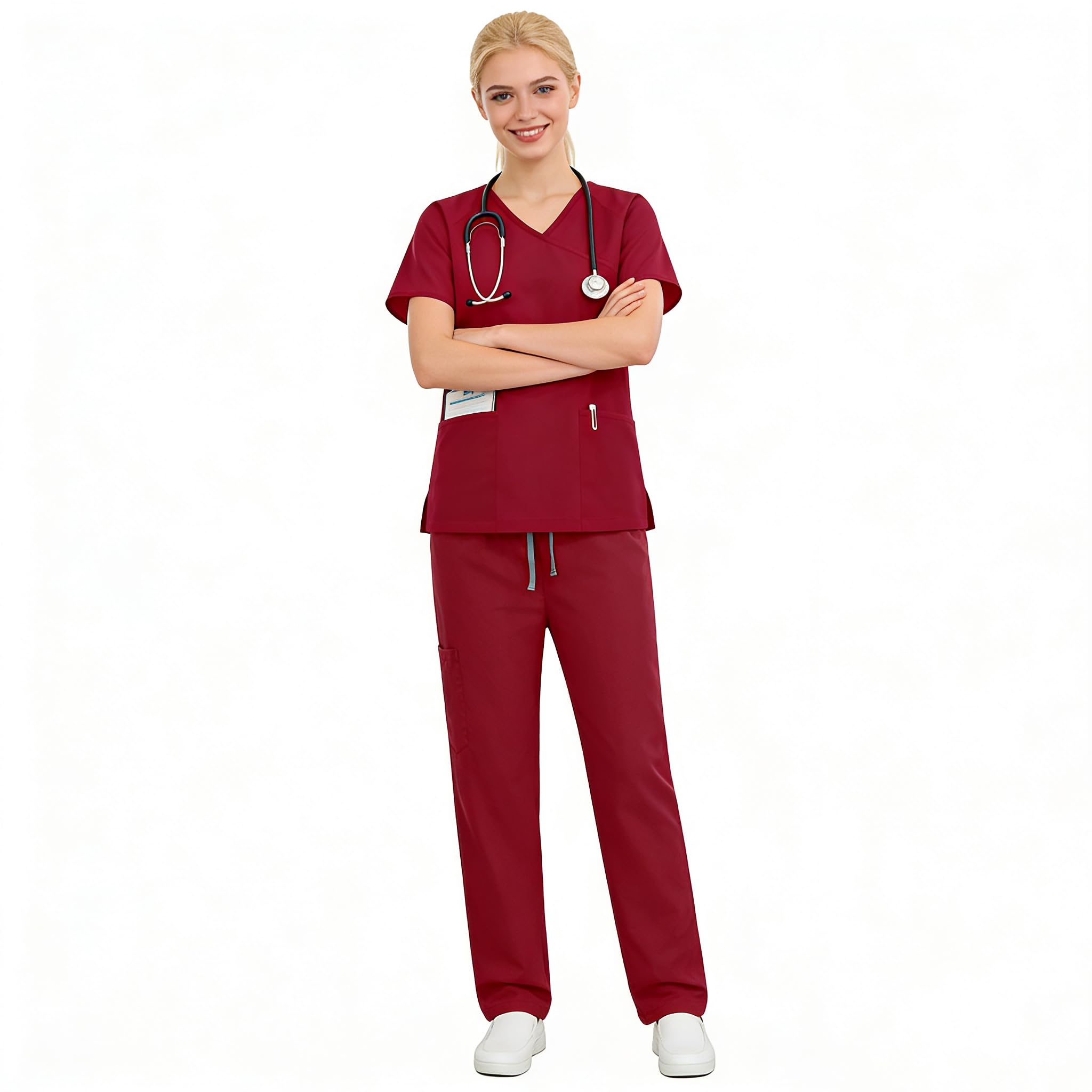 Set da donna a maniche corte con scollo a V, cravatta in vita, gamba dritta, regolabile, uniforme medica per lavoro infermieristico, DK89