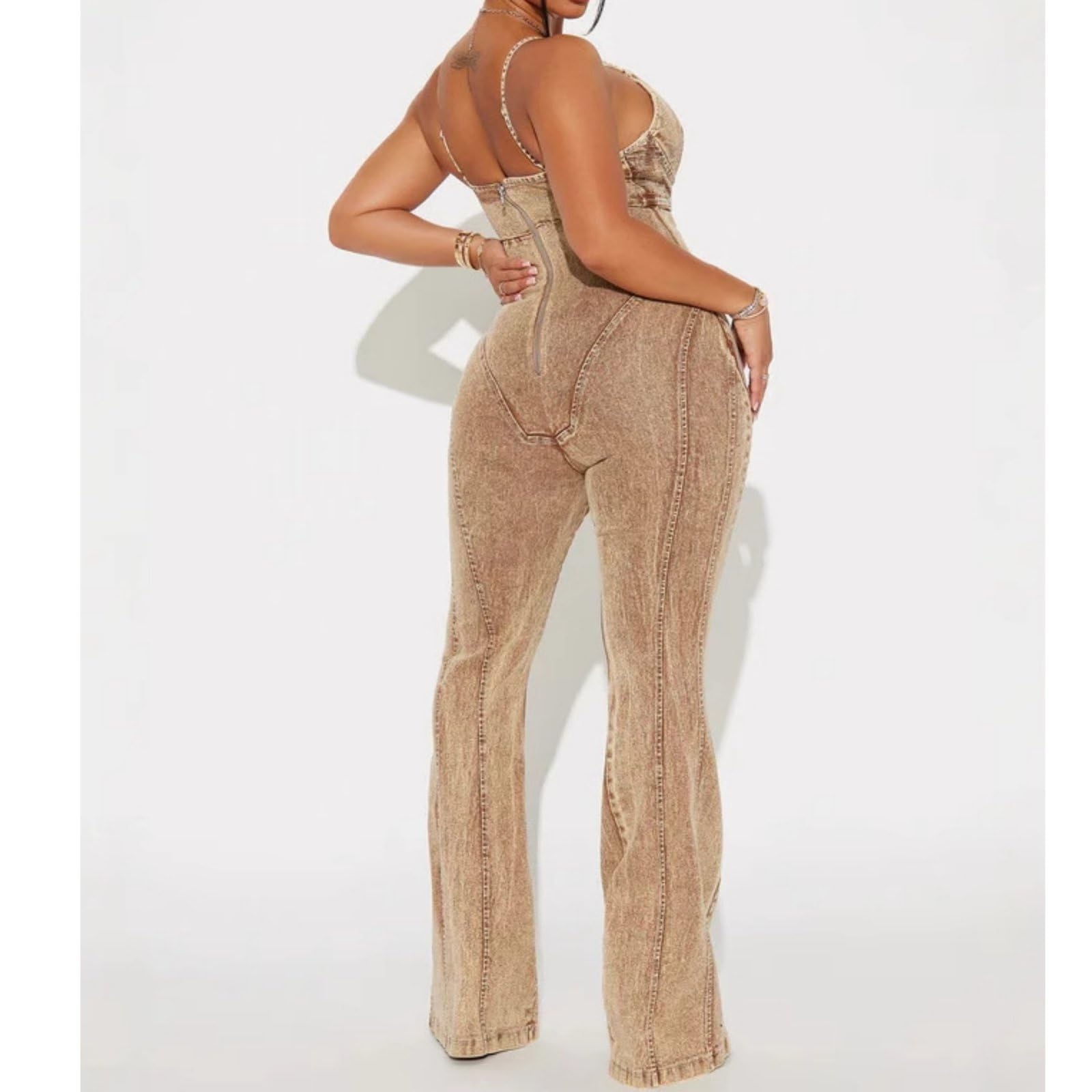 Damskie ramiączka spaghetti Dekolt w serek Dżinsy Pajacyki Hollow Out Bez rękawów Slim Fit Retro Kombinezon