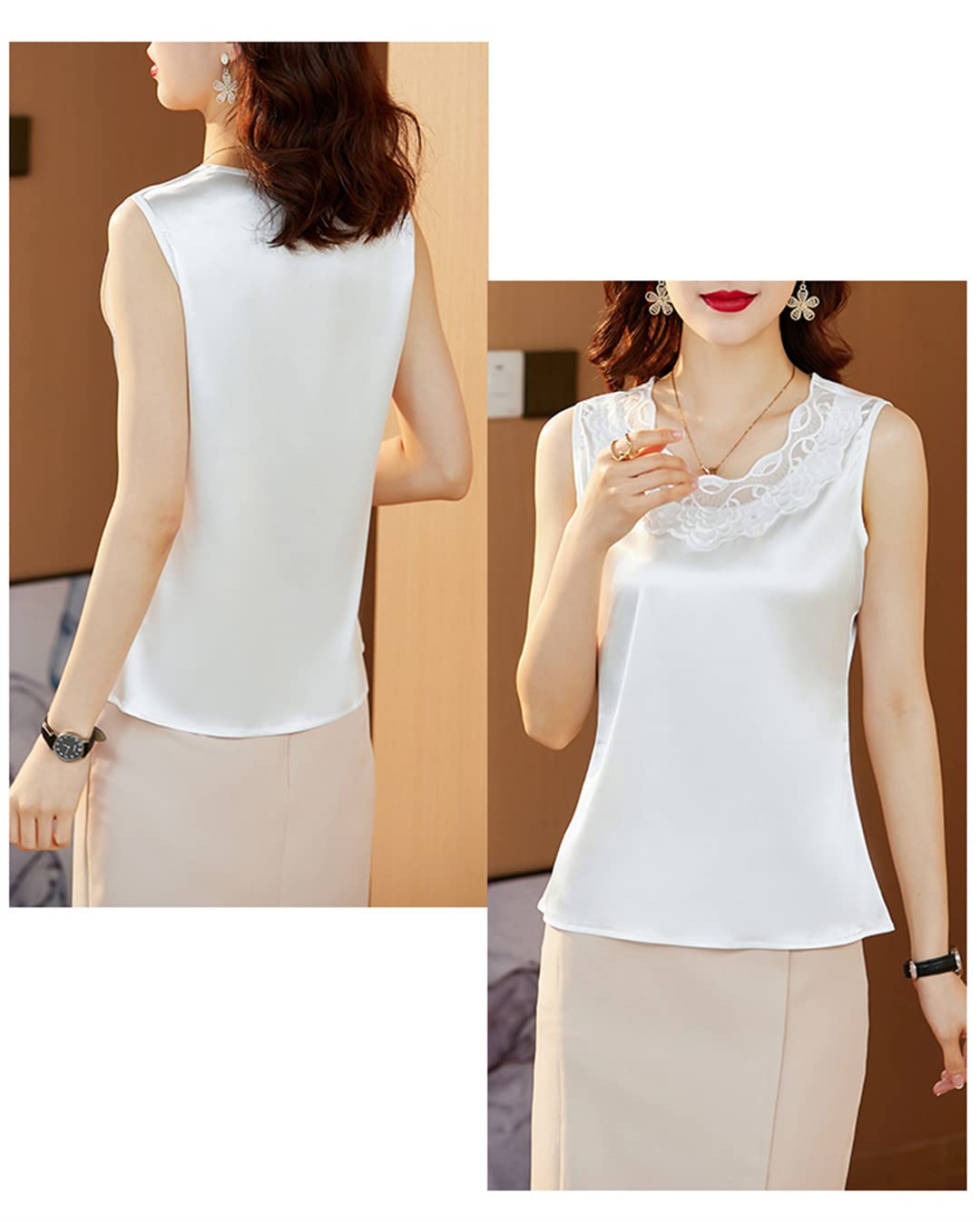 Canotte Senza Maniche con Scollo a O per Donna Camicetta in Raso con Patchwork a Rete scavata T-Shirt Estiva Casual White S