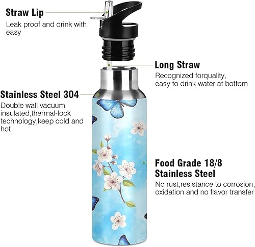 Miniatura 3 de Blue Butterflies Cherry Blossoms Insulated Stainless Steel Water Bottle with Straw 20 Oz, BPA-Free Sports Water Bottle Leakproof Water Bottles