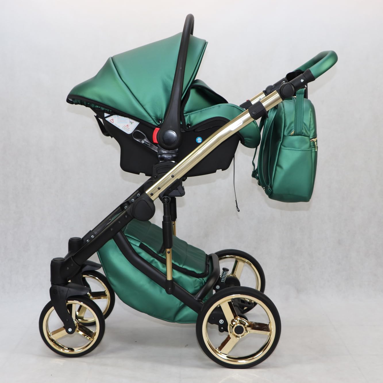 Passeggino Happy Gold Trio BBtwin ecopelle 3 pezzi passeggino bambino 3in1 pelle e oro dettagli dorati (verde)