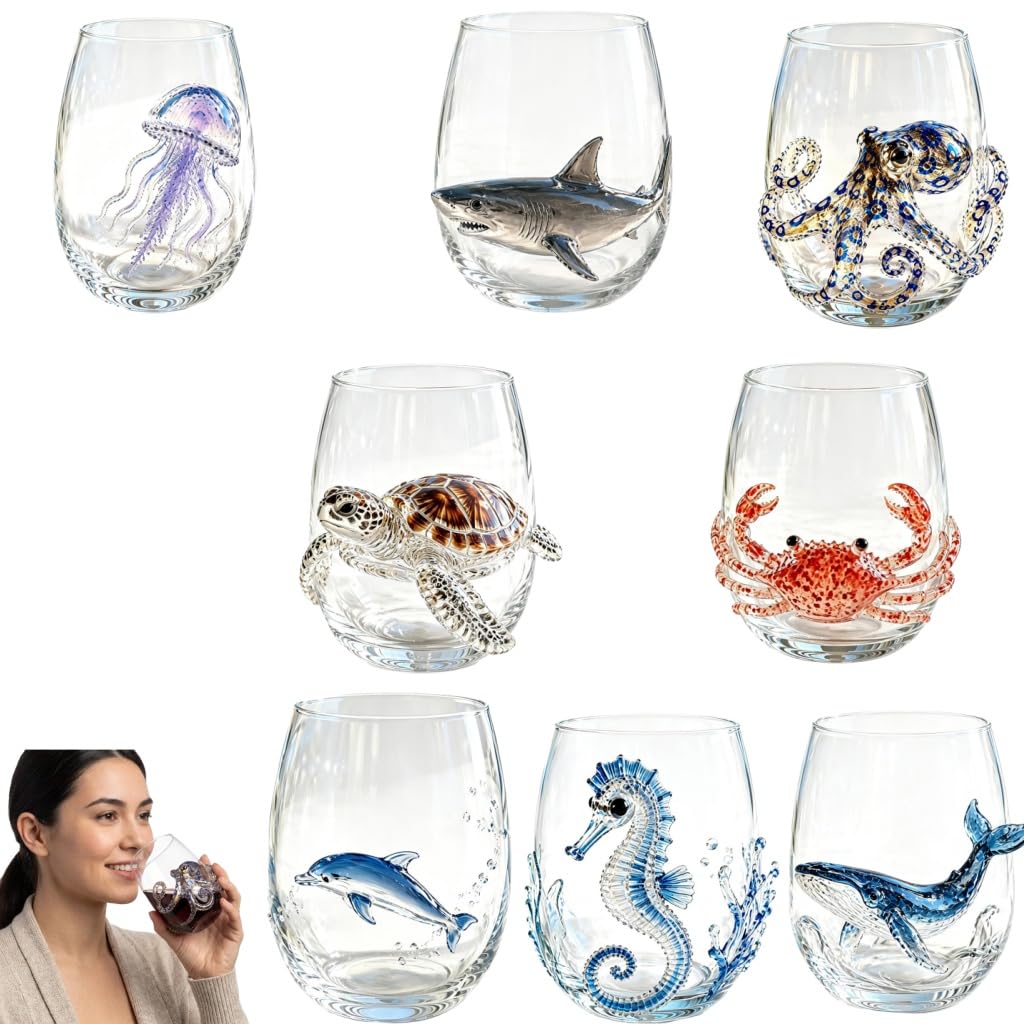 Artisanal Blue Ringed Octopus Glassware,3D Ocean Glass Wine Glass,Set3