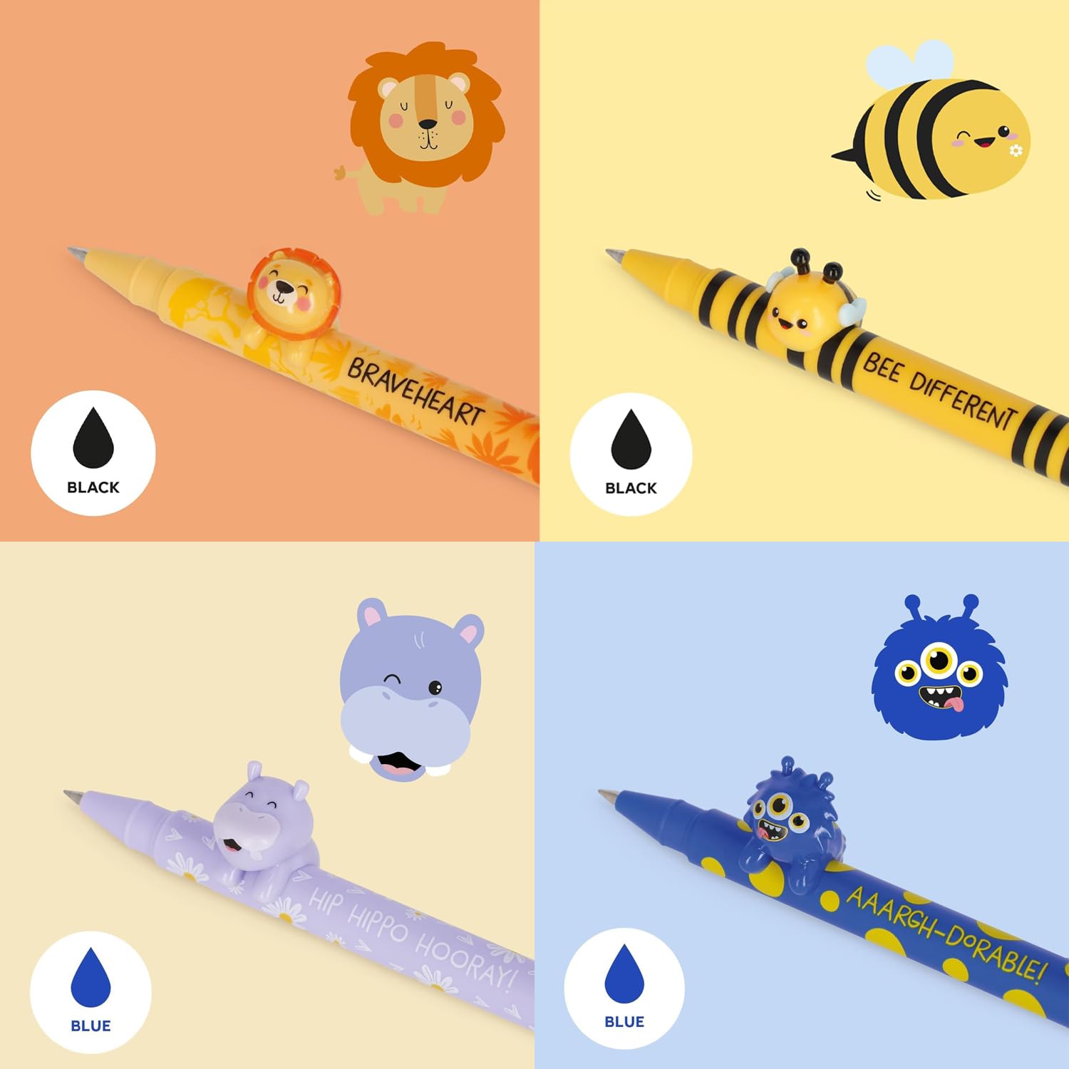 LEGAMI Lot de 14 stylos gel Lovely Friends, abeille, lion, hippo, monstre, panda, lama, monstre, lapin, tigre, koala, chat, ours en peluche, paresseux et dinosaure