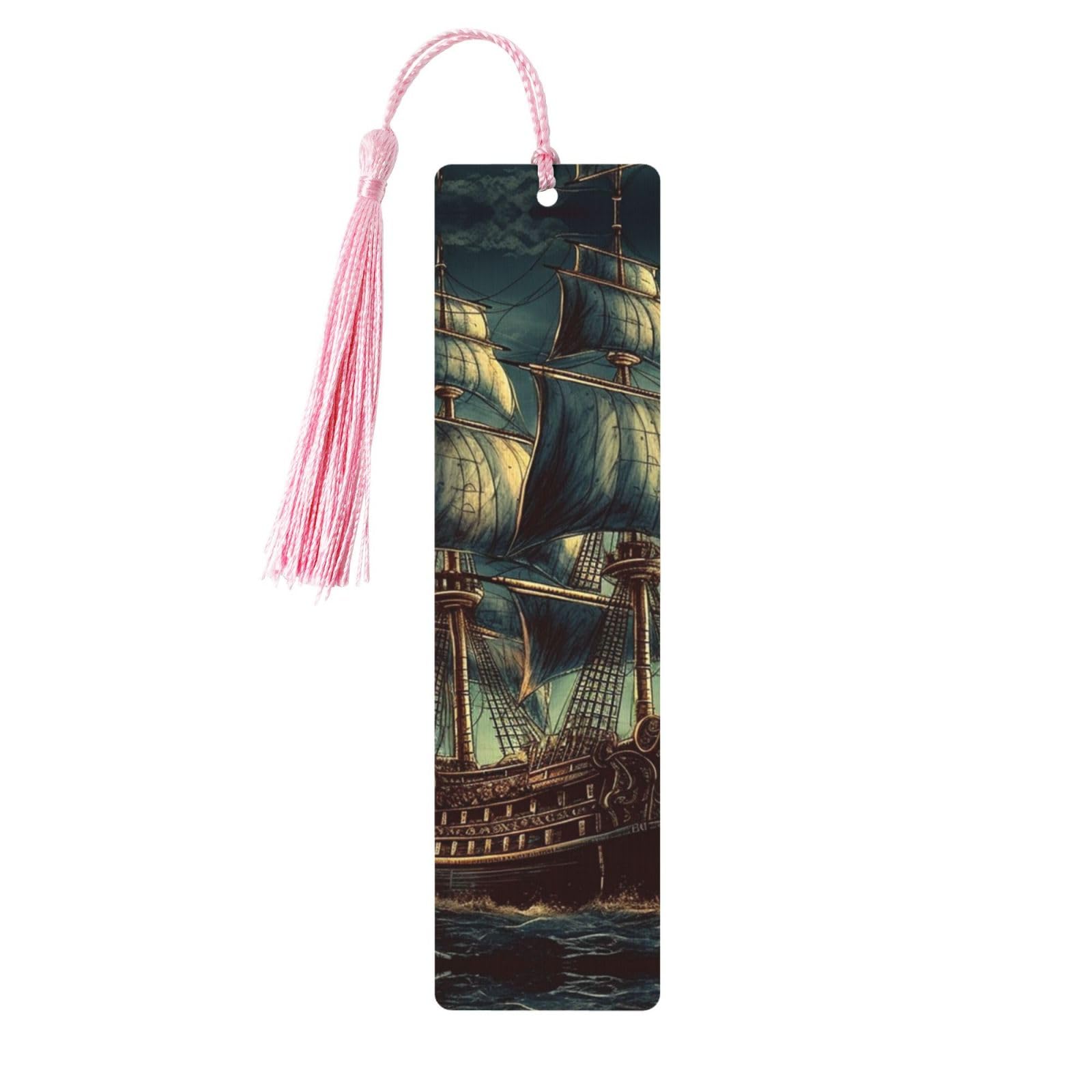 Nautical Vintage Sailing Pirate Ship Wooden Bookmarks with Pink Tassels Handmade Double-Sided Printed Book Marks Page Markers Book Accessories Gift for Book Lovers Women Men