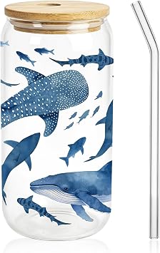 AnyDesign Ocean Glass Cup with Lid and Straw Clear Drinking Glass Blue Whale Reusable Tumbler for Summer Sea Birthday Baby Shower Party Favors Supplies Home Office Decor