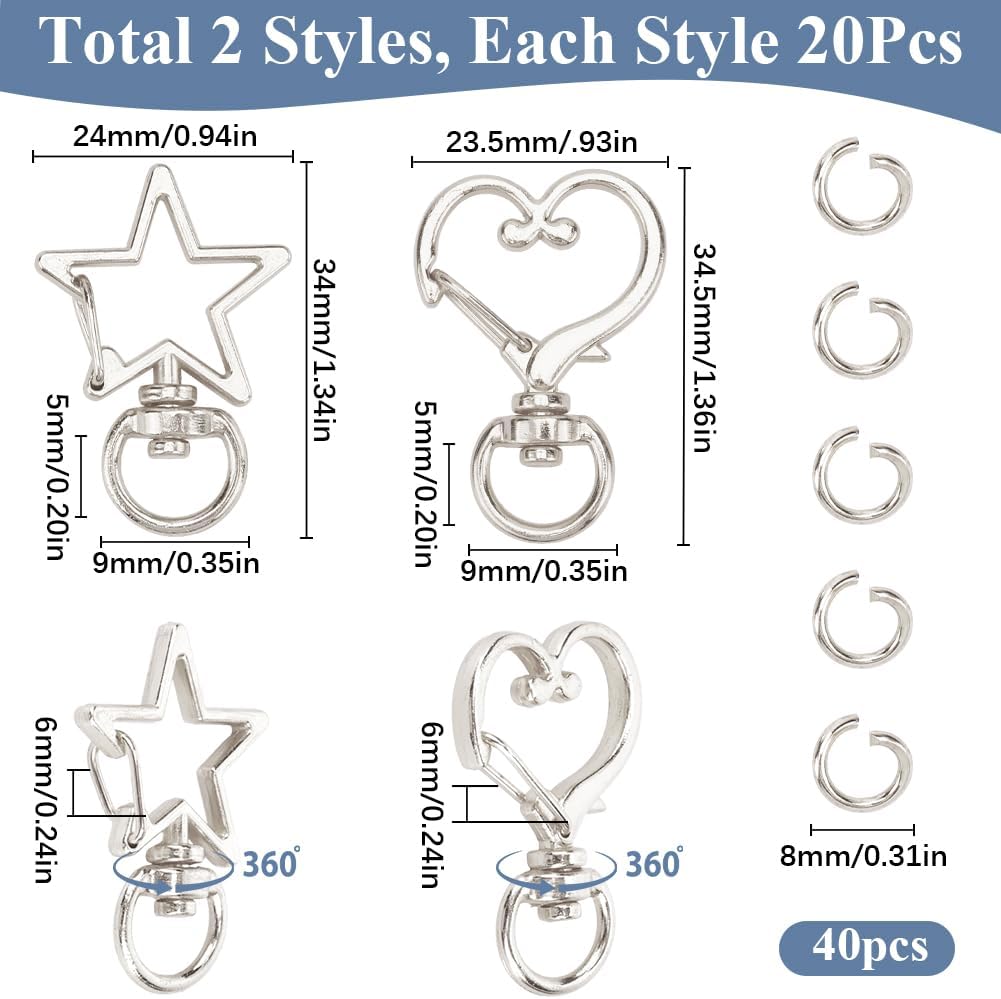 1 Box 40Pcs Swivel Lobster Clasp Silver Keychain Trigger Clasp Bulk Star Heart Shape Swivel Snap Hook Keychain Clip Alloy Spring Snap Clips for Jewelry Making Bag Tag Accessories DIY Crafts - Image 2