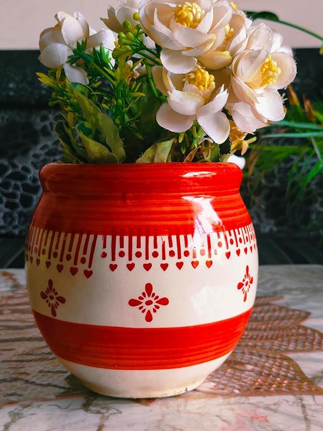 Image of Niyara Ceramic planters pots for Indoor Outdoor Home, Garden Office Decor Balcony Planters Gamla Flower Size Small 6 inches (Red jhalar)