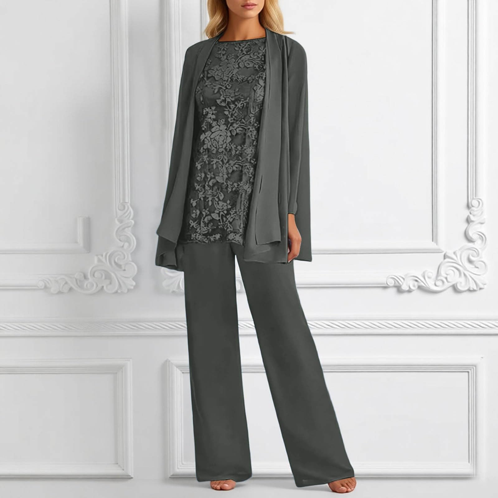Generisch Tuta da donna in 3 pezzi, per il tempo libero, elegante, in pizzo, a maniche lunghe, cardigan e pantaloni, in chiffon, per matrimonio, cocktail, abito da sera
