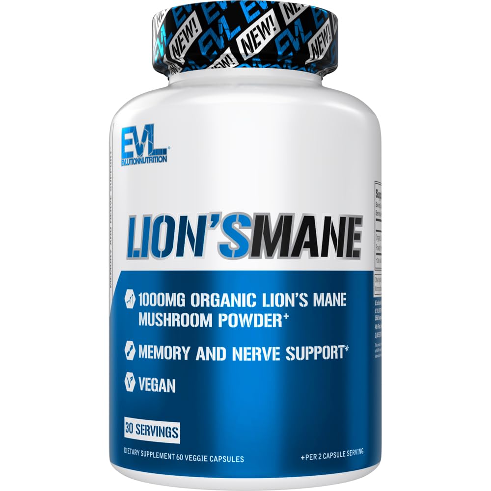 EVL Organic Lions Mane Mushroom Supplement Capsules - Vegan - 30 Servings 60 Count (Pack of 1)