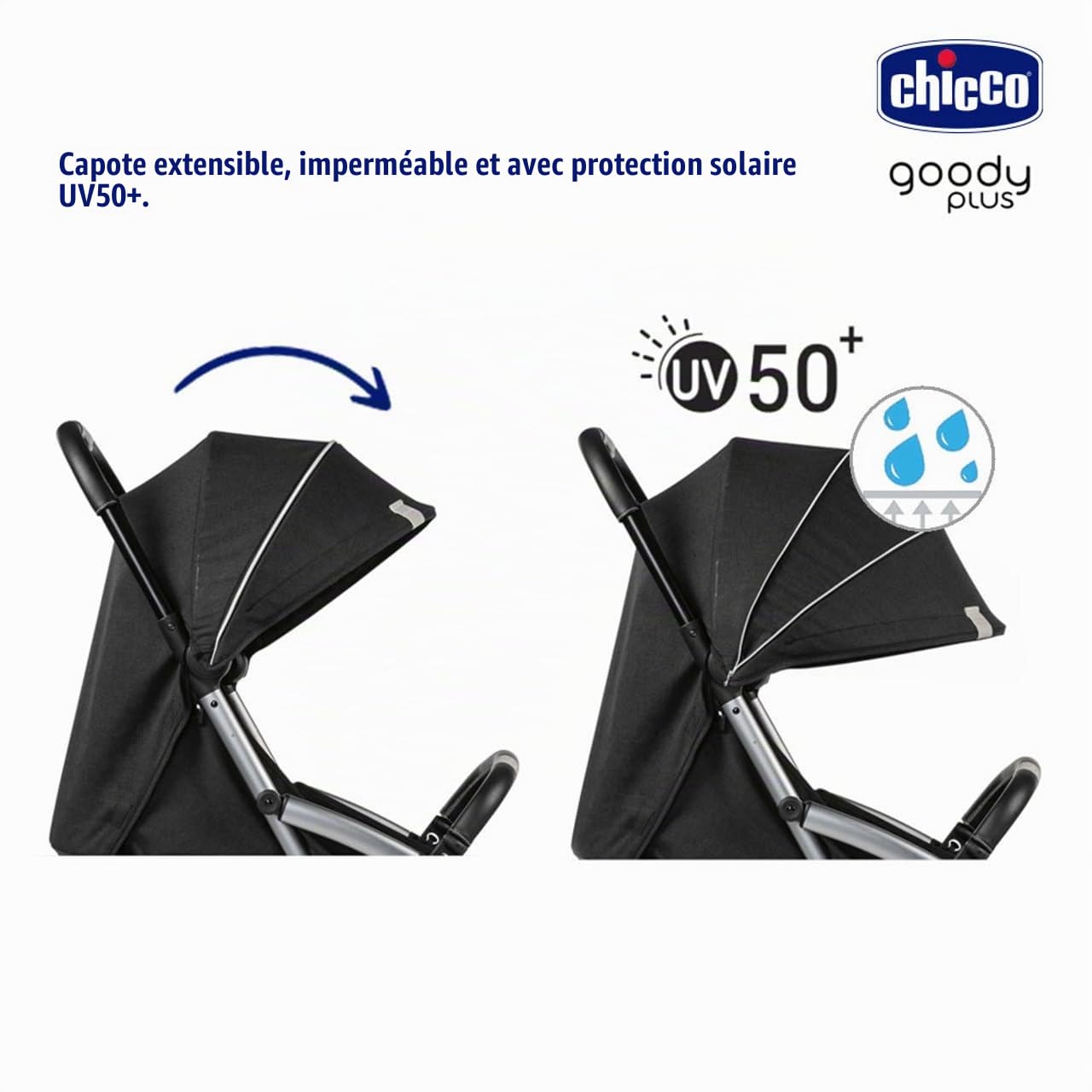 Chicco, Goody Plus Graphite, Poussette 0 Mois-4 Ans, avec Fermeture Automatique et Compacte, Capote Extensible avec Traitement UV50+ Anti-Pluie, Dossier Inclinable et Réglable en 3 Positions