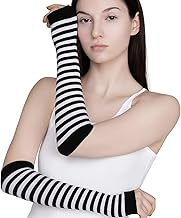 1 Pair Striped Arm Warmers, Black and White Punk Goth Arm Sleeves Long Fingerless Gloves with Thumb Hole for Woman and Men Y2K EMO Style Costume