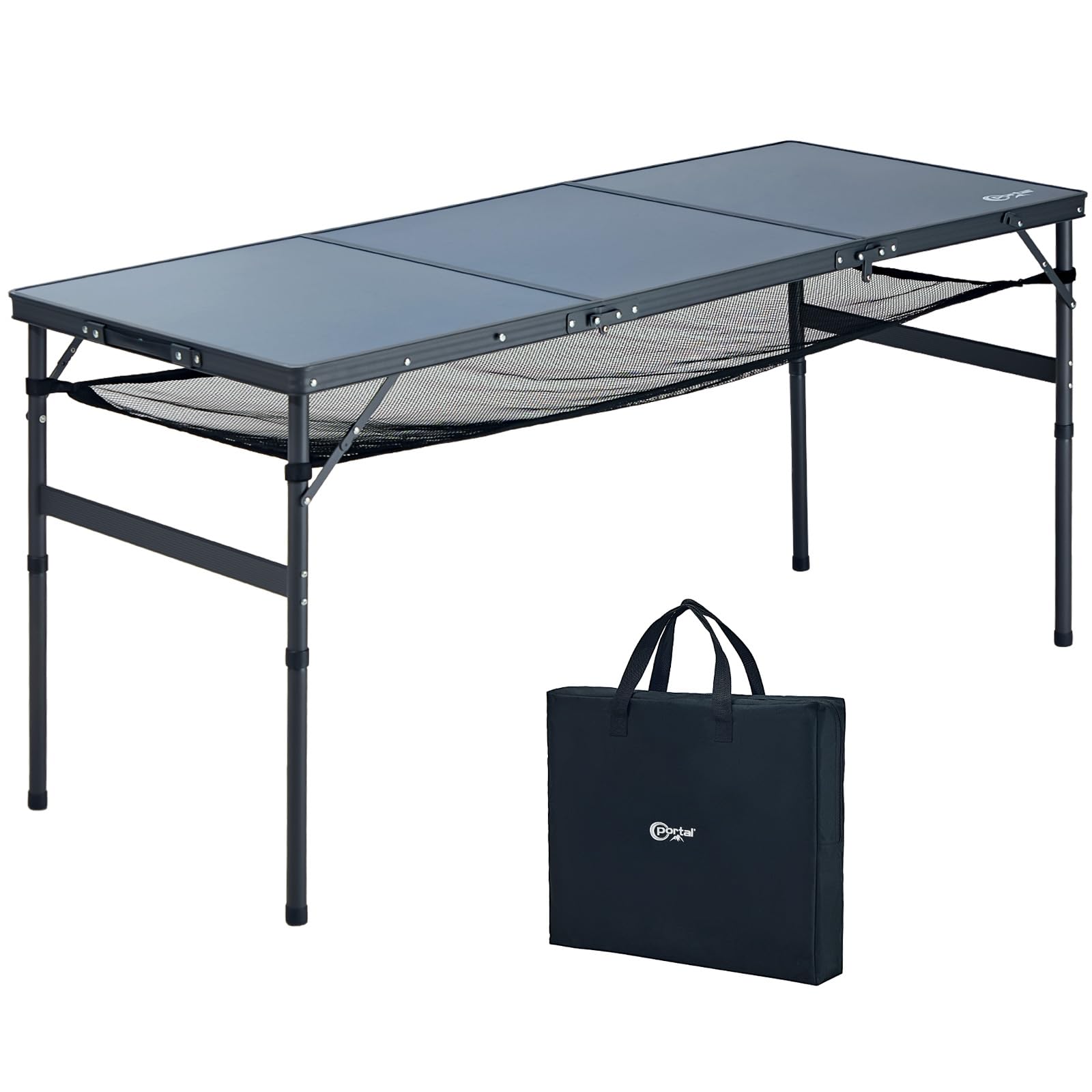 Portal Faltbarer Campingtisch 150x60cm Höhenverstellbar Robuster Klapptisch mit Tragegriff & Ablagenetz Platzsparender 3-Fach Falttisch inkl. Tasche Ideal für Garten, Party, BBQ & Outdoor