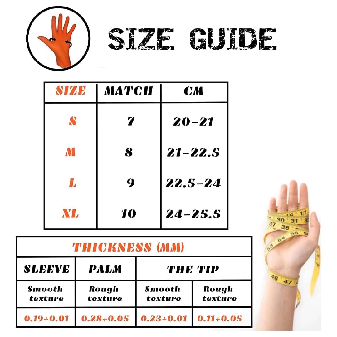 Guantes de Nitrilo Desechables Naranja | Guantes Extra Gruesos con Textura Diamante | Guantes para Taller y Montaje de Alta Resistencia Desechables | Tamaño S, L, M y XL (50, XL)