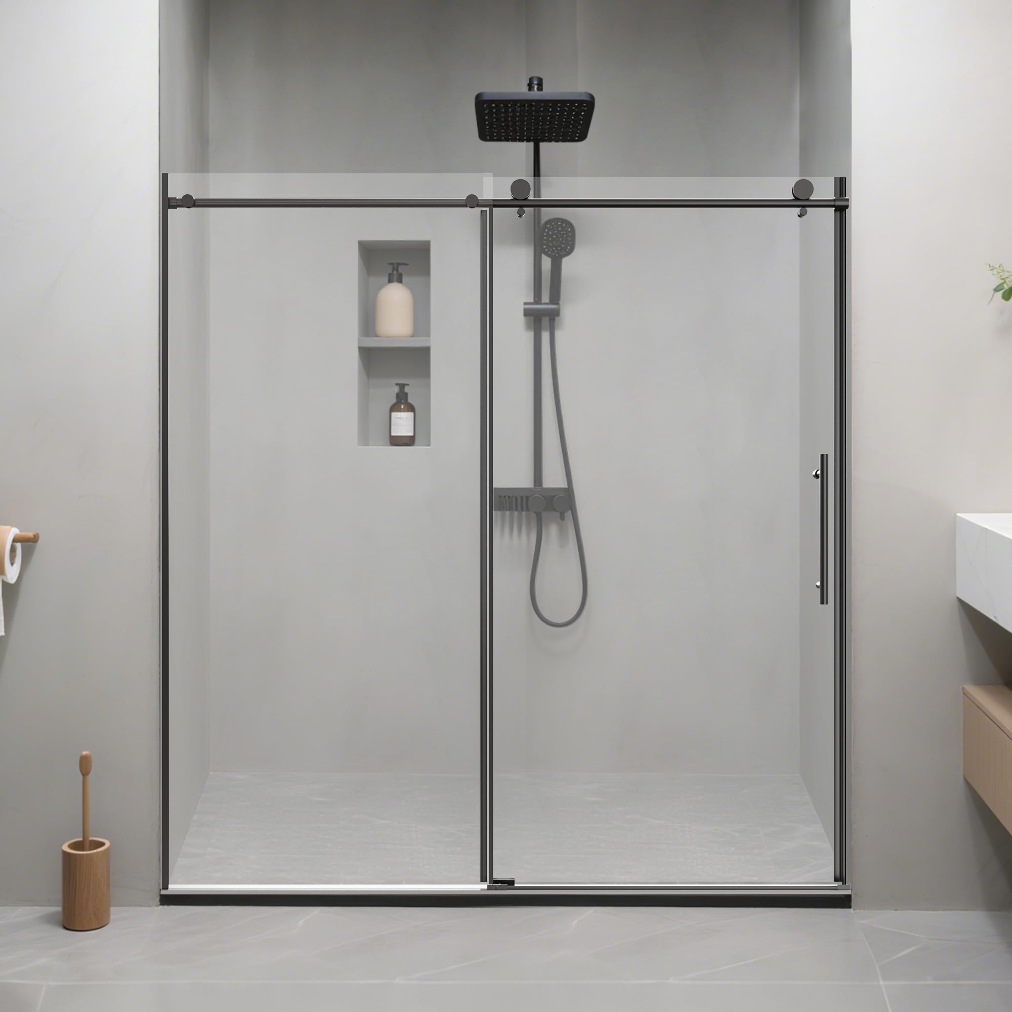 ​68-72 Inch x 76 Inch Single Sliding Shower Door, Frameless Minimal Frame Bathroom Enclosure with 3/8"（10mm） Thick Clear Tempered Safety Glass, Steel Hardware, Reversible Installation​, Matte Black