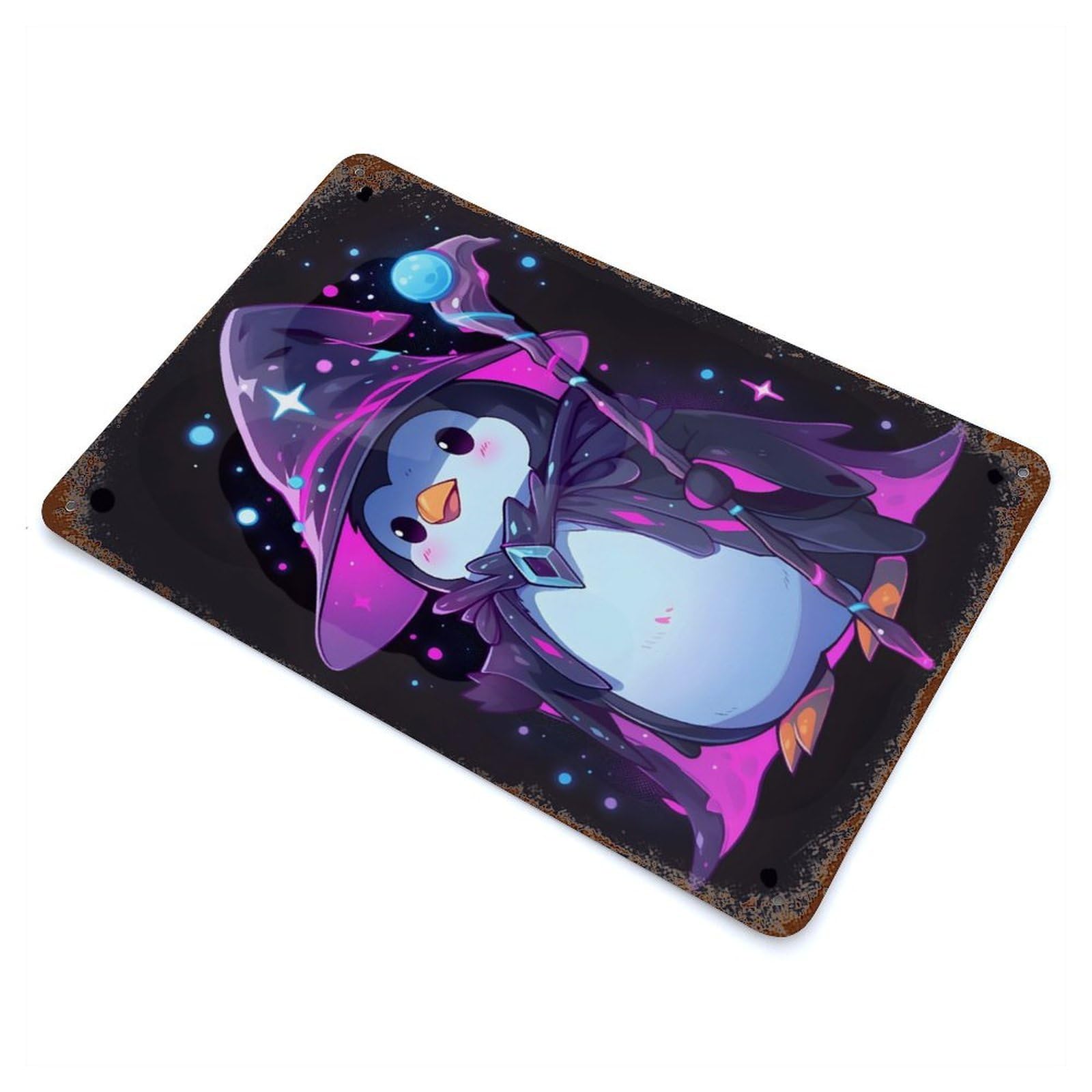 Cute Magical Penguin Vintage Wall Sign 11.8"x7.9", Rust Effect Metal Decor for Farmhouse, Kitchen And Entryway Decor