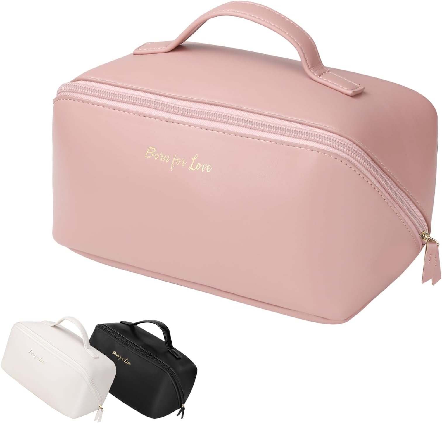 HLCLarge Capacity Cosmetic Bag, Portable Travel Makeup Toiletry Bag Organizer, Waterproof Beauty Zipper Make up Bag with Compartments, PU Leather Cosmetic Bag Pouch for Women Girls（Pink）