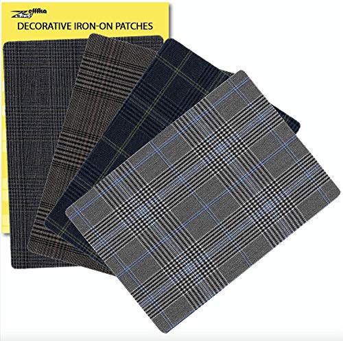 ZEFFFKA Premium Quality Large Plaid Tartan Fabric Iron-on Patches Inside & Outside Strongest Glue 100% Cotton Repair Decorating Kit Jeans Modern Cool Design 4 Pieces Size 5" by 7" (13 cm x 18 cm)