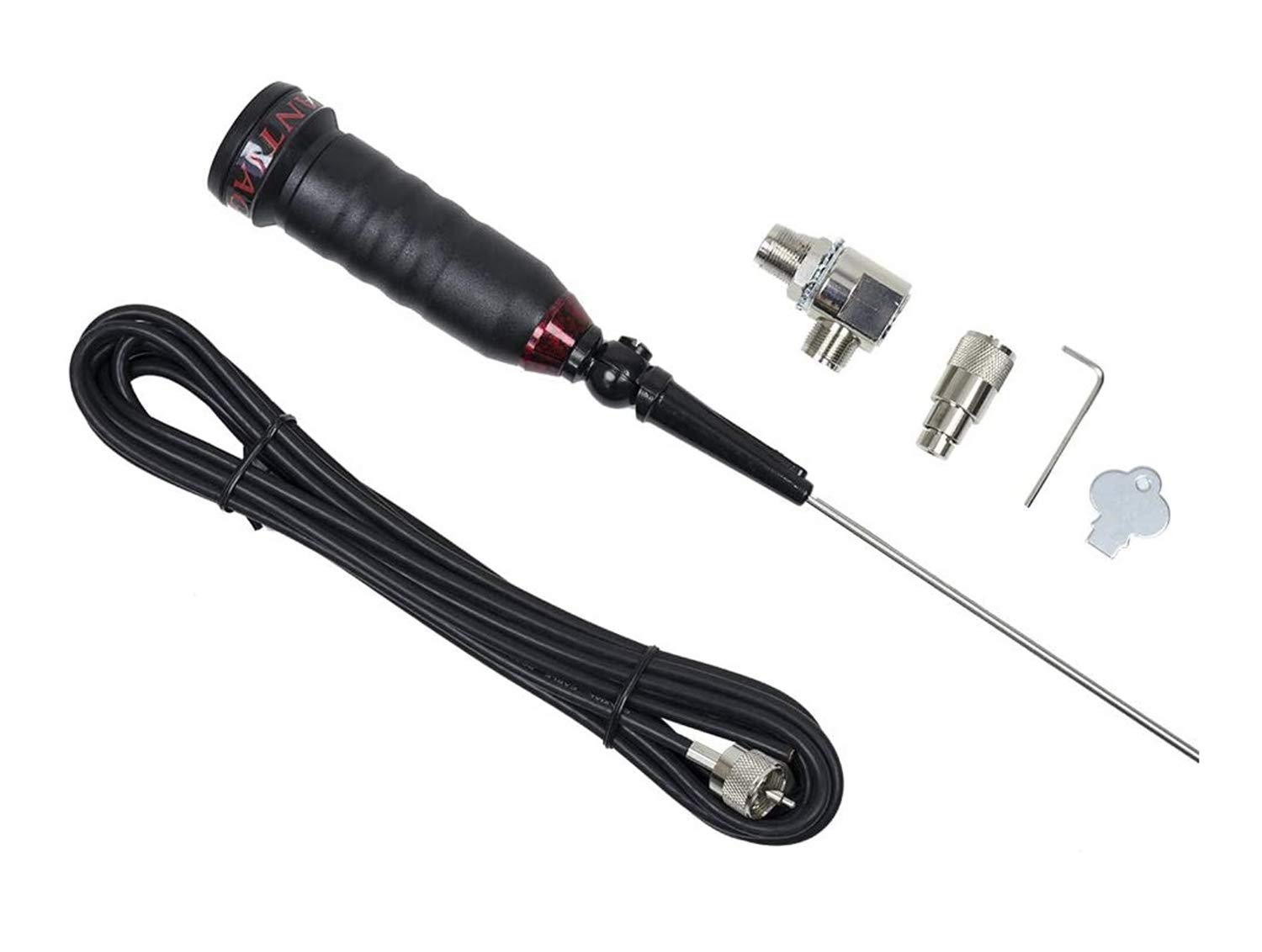 Antena Móvil CB 27 MHz Super Santiago 600-1,5 Metros, Ganancia 4 dB, 600W, con Base PL y Cable RG-58
