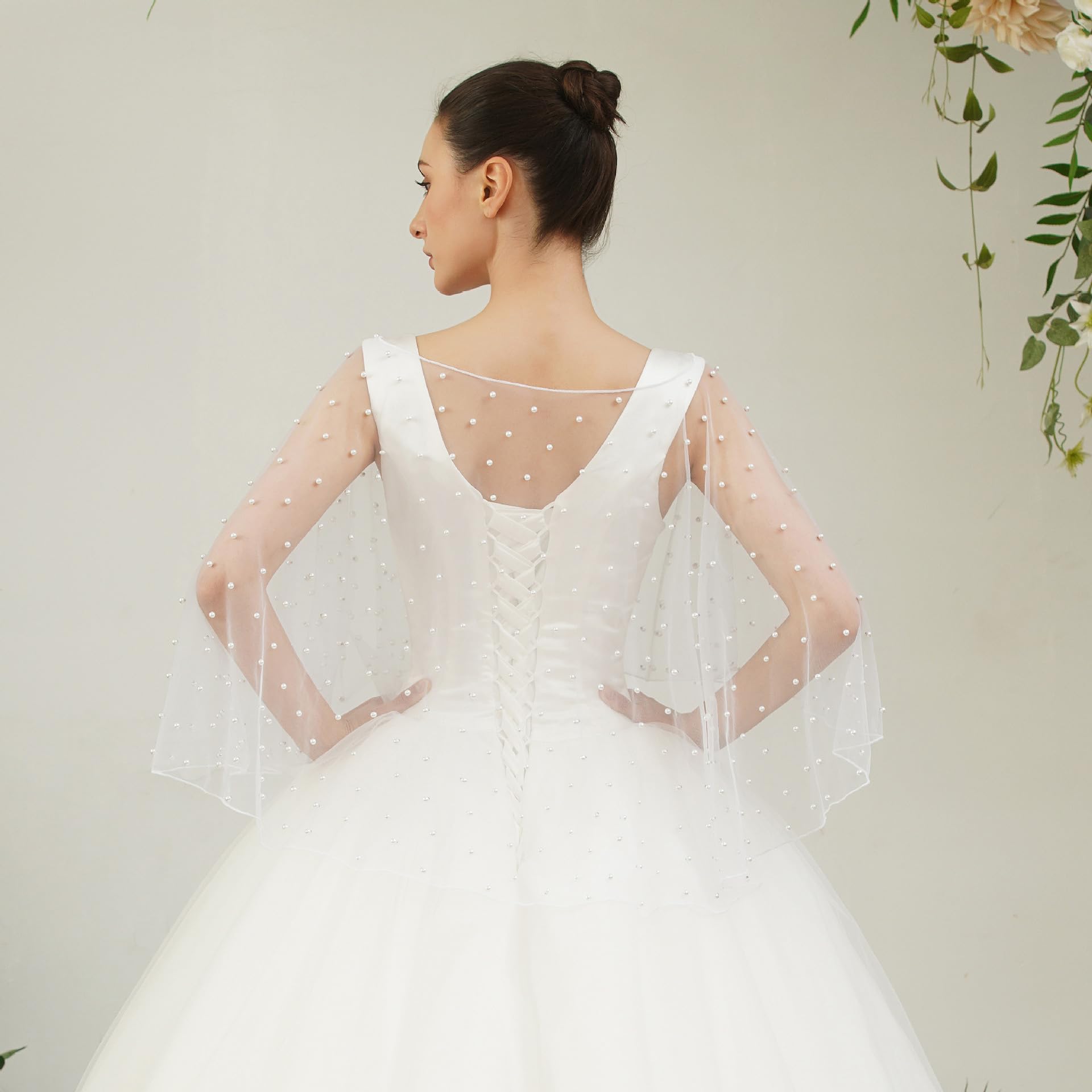 Capa de tul con cuentas de organza suave, capa de gasa elegante capa corta con perlas sintéticas, bufanda de cuello nupcial para novia, fiesta, boda, vestido de noche (1#)