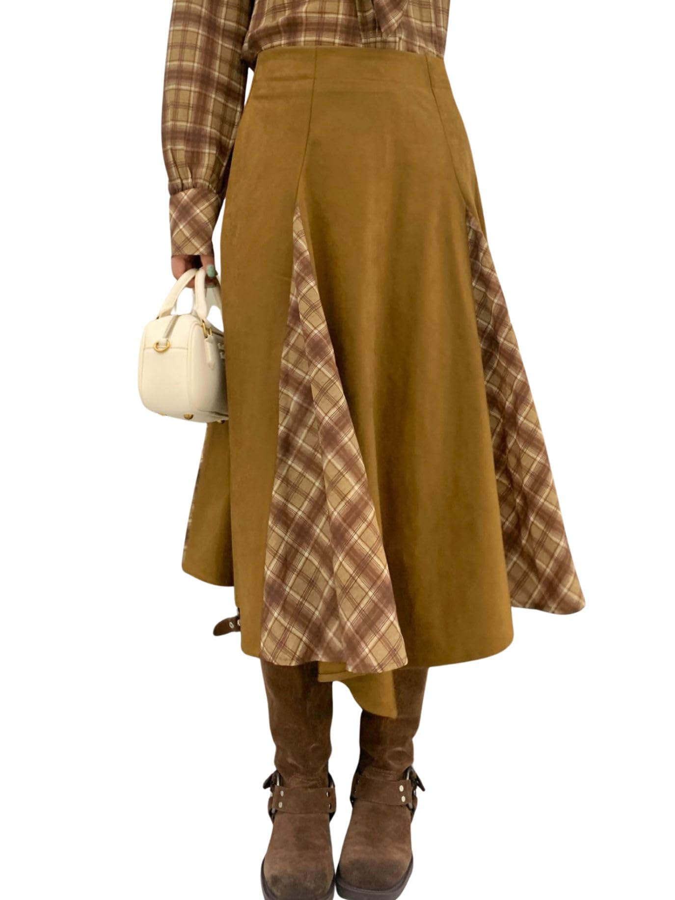 chouyatou Womens Color Block Faux Suede Leather Skirt Plaid Splicing High Waisted A Line Midi Long Skirt