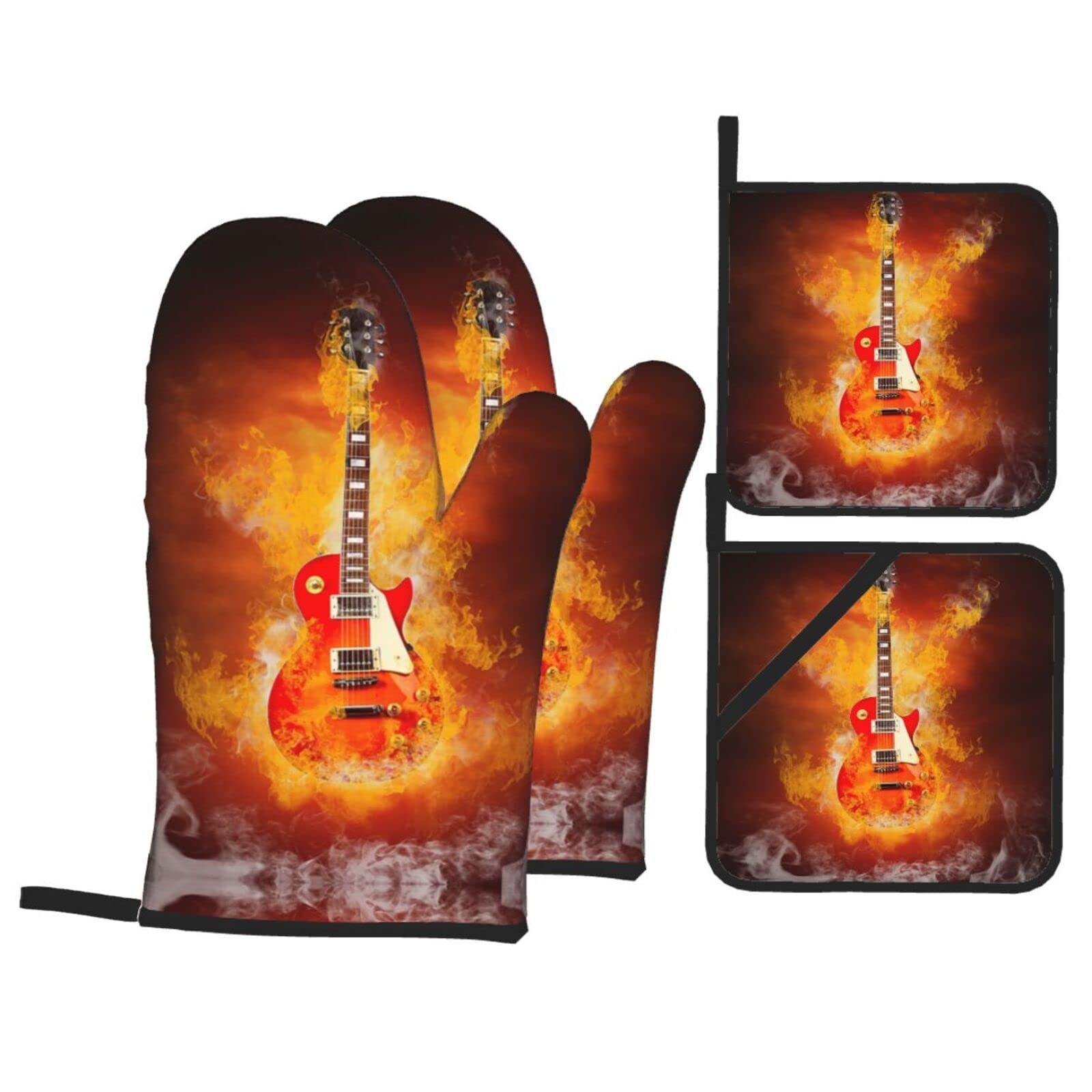 Rock Guitar Oven Mitt and Pot Holder 4-Piece Set for Kitchen, Outdoor Grill, Baking