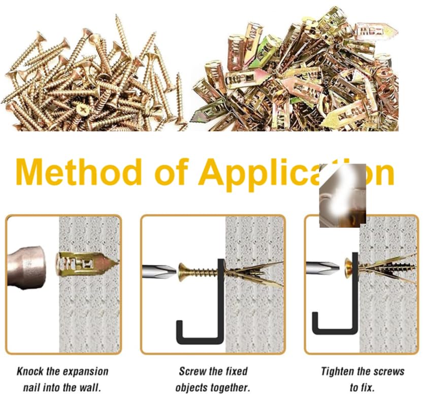 PUSKIU 2024 Upgraded Self-Drilling Anchors Screws, Zinc Plated Steel Drywall Anchors With Screws, Easy Application No Drill or Holes in Wall, Gold