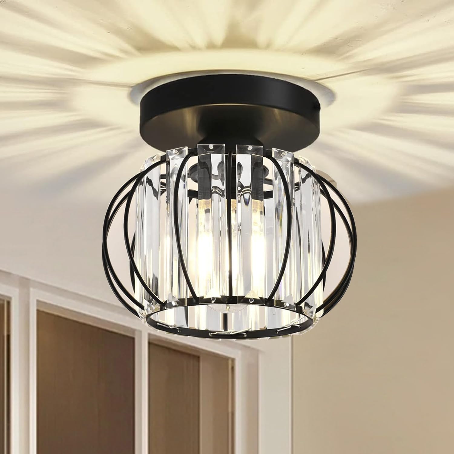Rocunsi Strip-Shaped Glass Lampshade Black Chandeliers Crystal Ceiling Light, Modern Small Semi Flush Ceiling Lighting, E27 Ceiling Lights Living Room, Bedroom, Hallway, Kitchen Lights