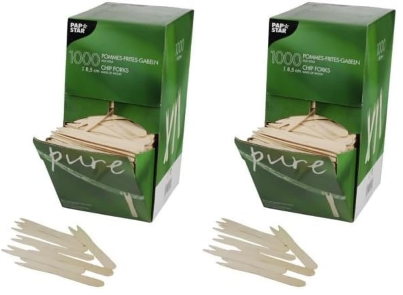 Papstar 18201 Pommes-Frites-Gabeln, Holz "pure", 8.5 cm, 1000 Stück (Packung mit 2)