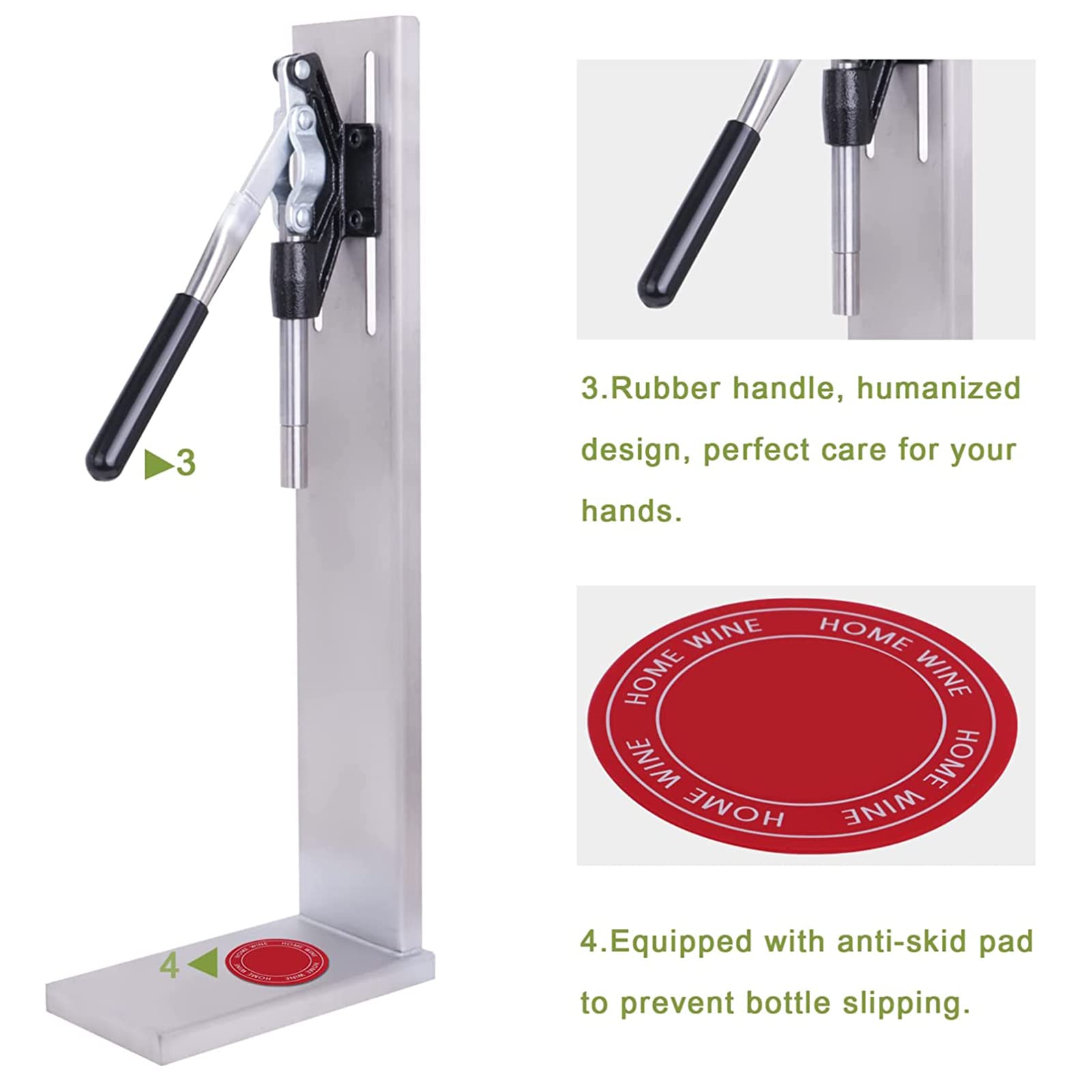 Corchadora manual para botellas de vino, acero inoxidable, altura ajustable, almohadilla antideslizante, incluye 2 fundas POM para corchos #8 y #7