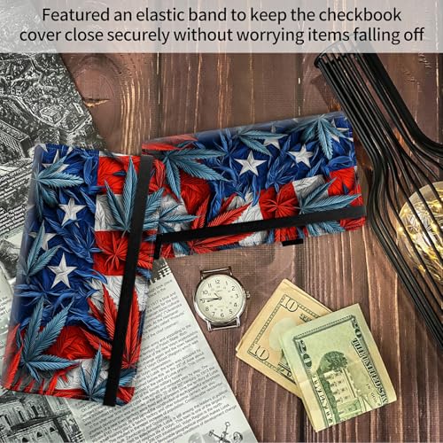 Image of FUYOCWE Checkbook Covers for Personal Checkbook,Leather Checkbook Cover for Business /Personal Checks,RFID Blocking Check Book Cover Holder Wallets for Men Women-American Flag Leaf