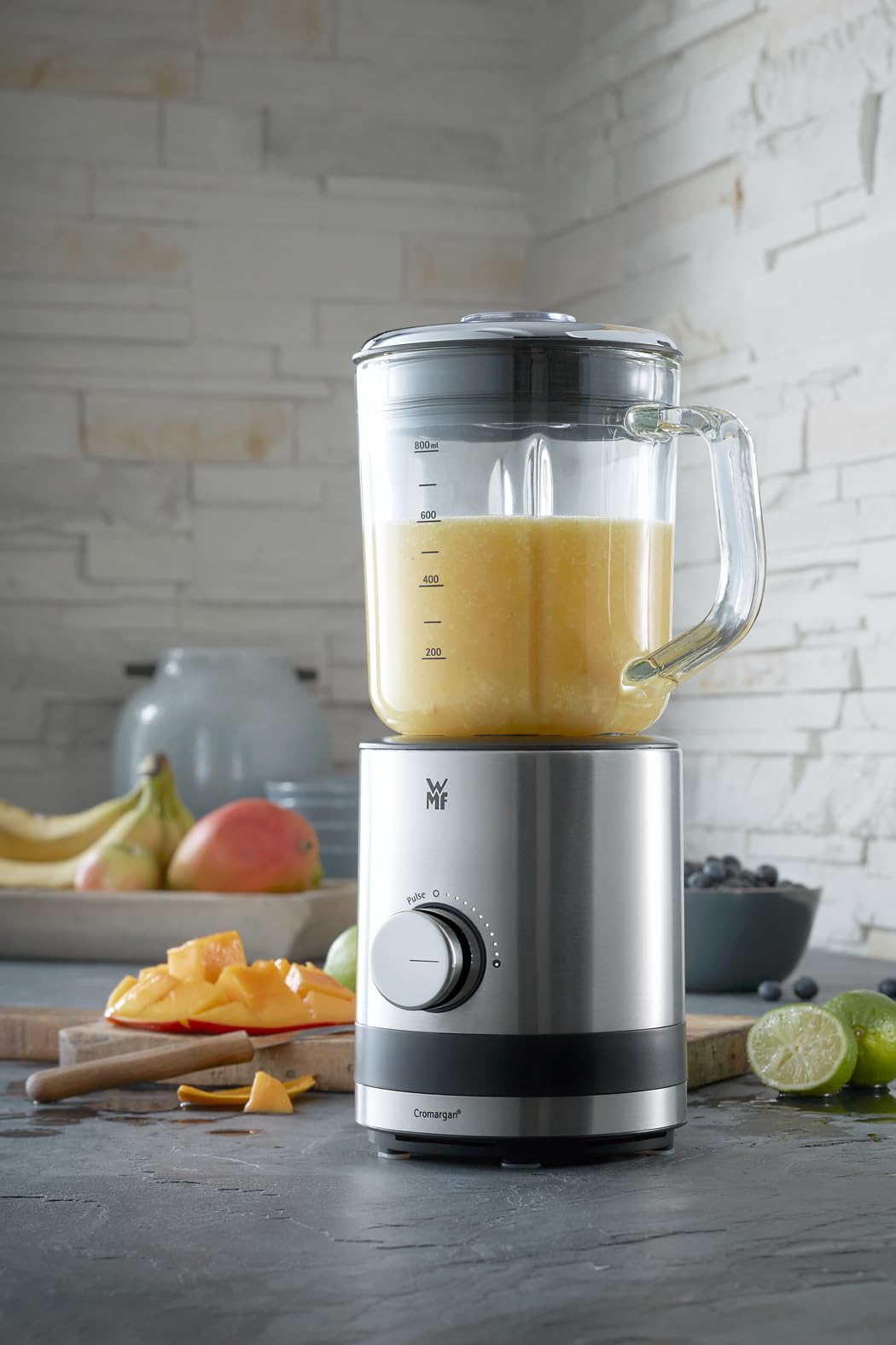WMF KITCHENminis Blender mixeur, Bol en verre 0.8 L, 400 W, Cromargan 18/10, Lame inox à 6 ailettes, 5 vitesses, Fonction Pulse 0416490011