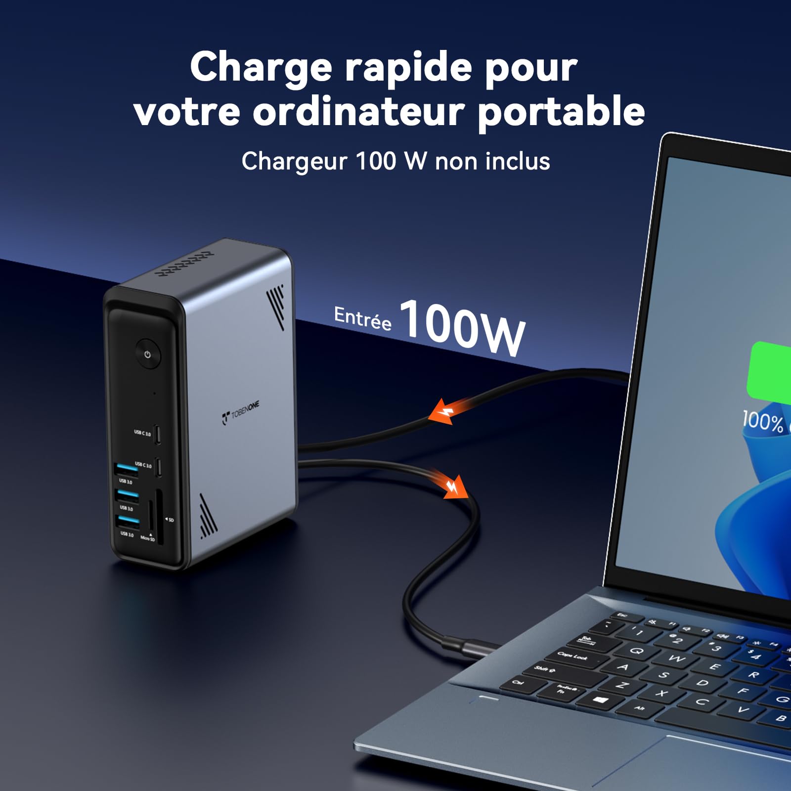 TobenONE Station d'accueil pour ordinateur portable 18 en 1 avec 3 moniteurs, triple écran 4K, 3 ports HDMI, 9 ports USB, Gigabit Ethernet, PD3.0, pour ordinateurs portables Windows/Dell/Lenovo/HP