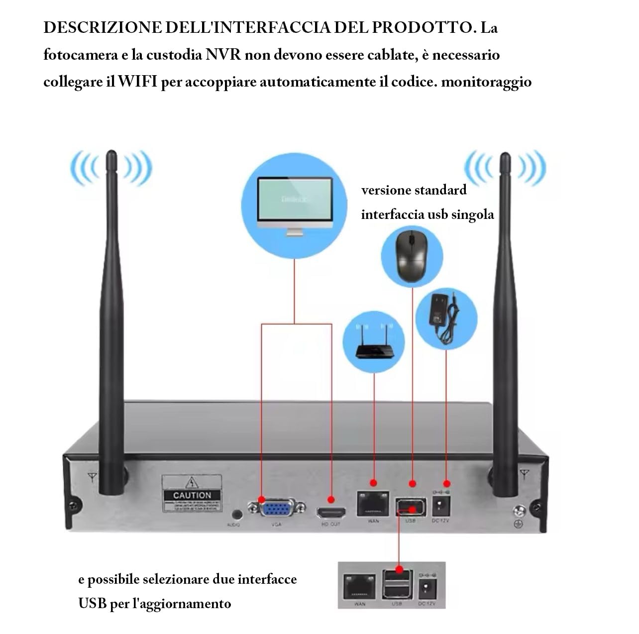 Kit 4 Telecamere di Videosorveglianza Completo di DVR NVR + Hard Disck da 500 GB HD WI-FI FULL HD 4 Canali Da interno ed Esterno Impermabile IP65 per la Sicurezza Visione Notturna