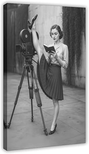 AUHUE Film Crew Vintage Film_Creative Girl Black White Stretch Pose Movie Scene Retro Camera Behind Scene Cinematic Life Strong Women Unique Print
