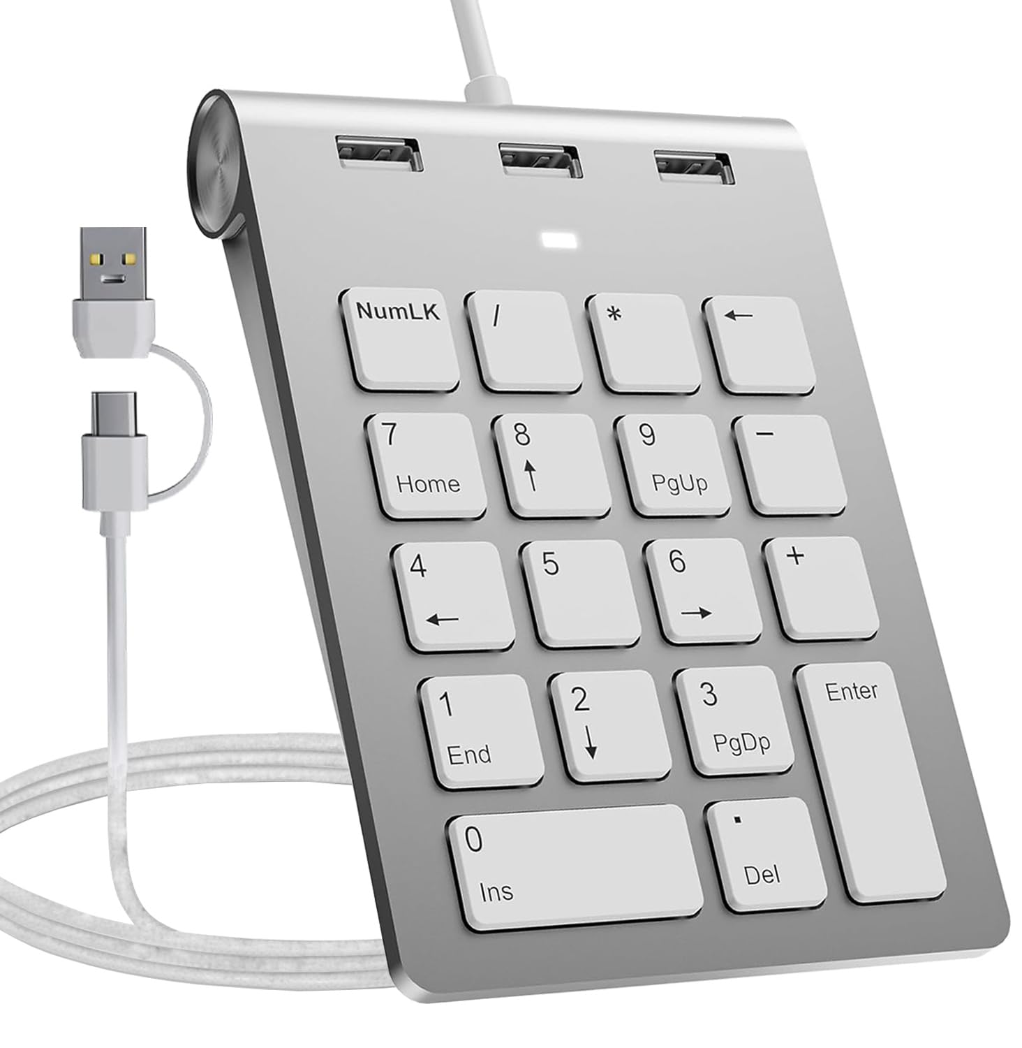 2-in-1 number pad & usb hub with usb-c and usb-a cables, 15° ergonomic wired numpad with 3 usb 2.0 ports, 18 keys numeric keypad for laptop/desktop/surface/ipad/mac/no adapter needed usb number keypad