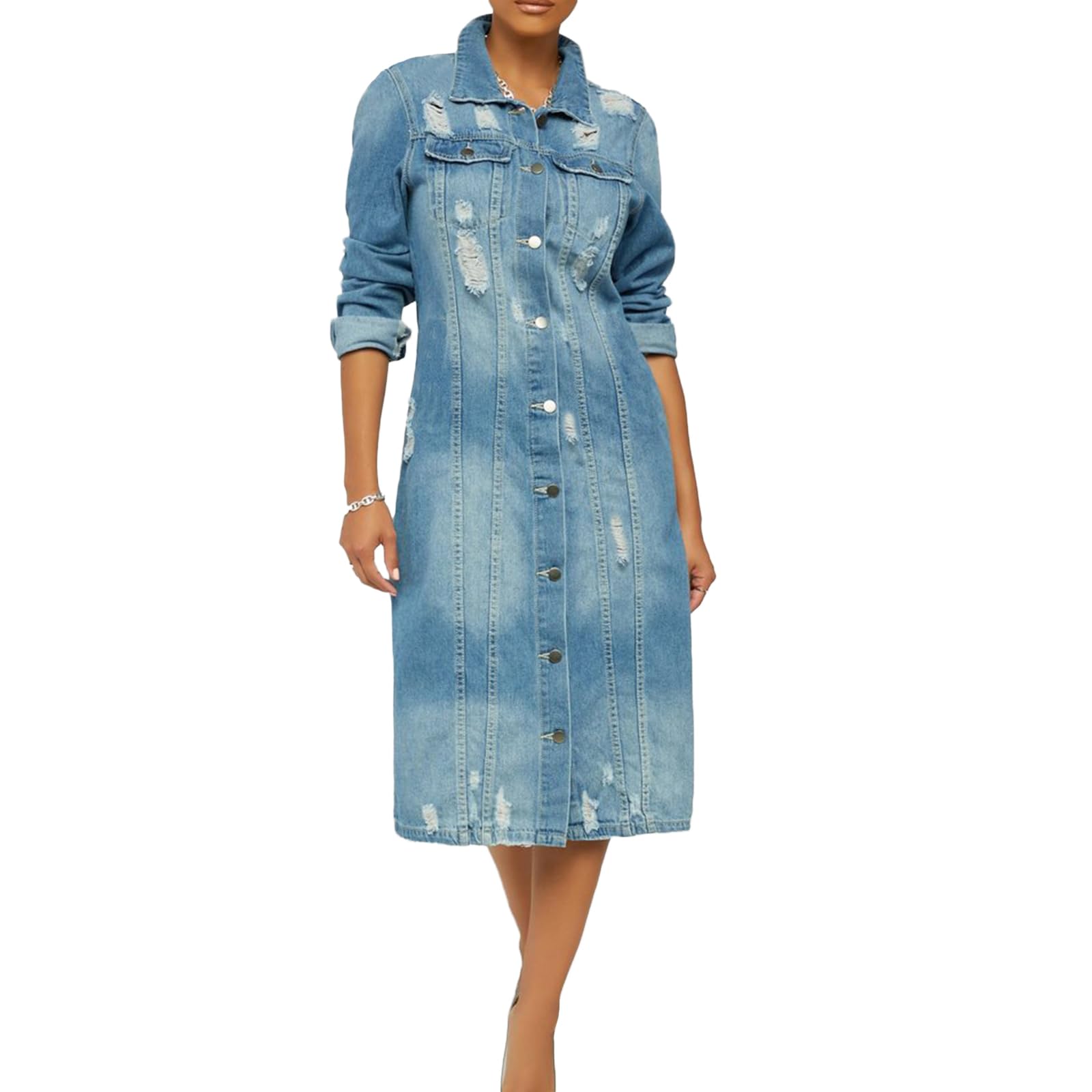 Chaqueta Vaquera Rasgada Mujer de Mangas Largas Cazadora Larga de Denim con Bolsillos Chaqueta de Mezclilla Gabardina Larga Vaquera con Solapa Vintage Abrigo Vaquero de Transición Primavera y Otoño