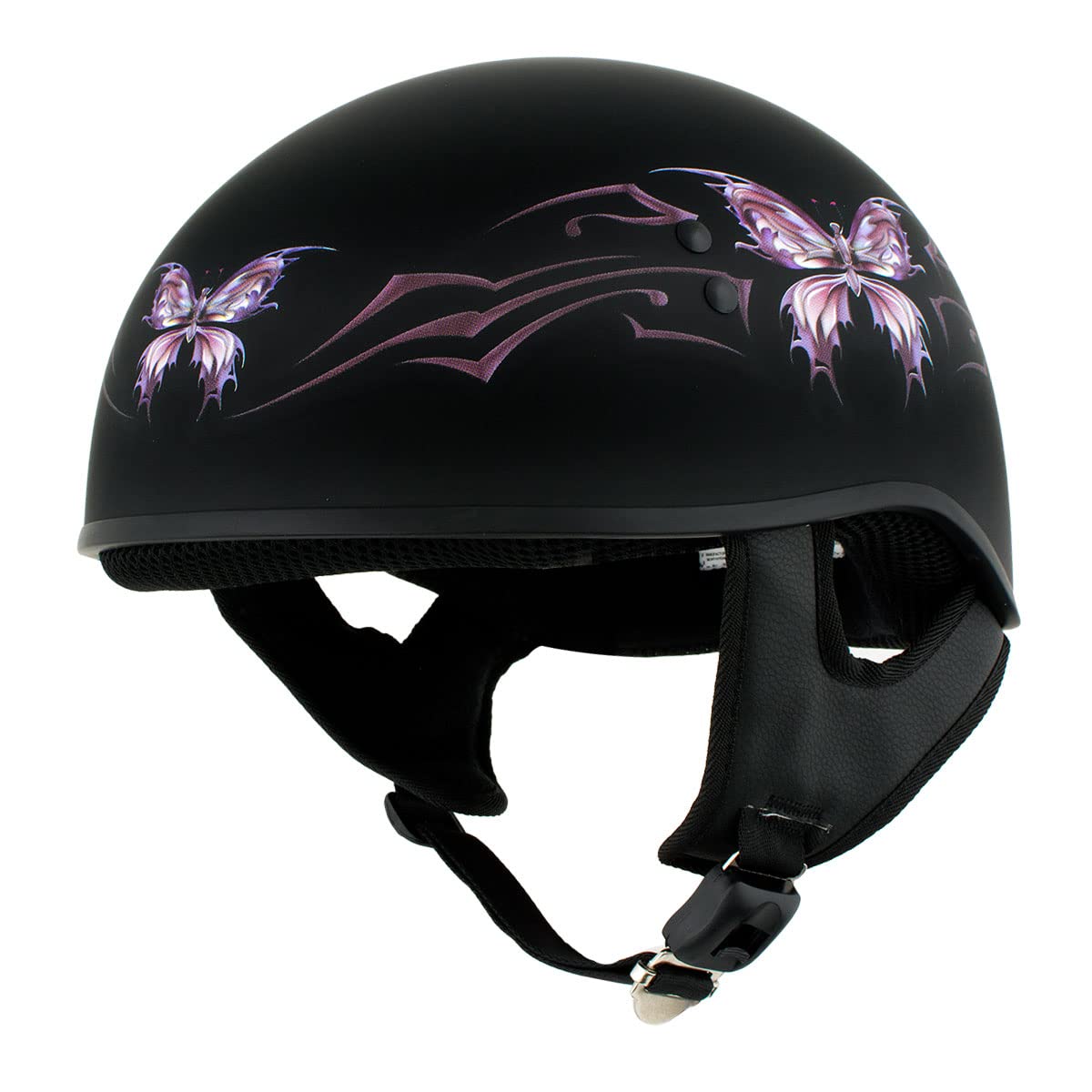 Milwaukee Leather Hot Leathers HLD1052 DOT Skull Cap Half Helmet - Flat Black with Purple Butterfly Design for Men and Women Bikers - Medium