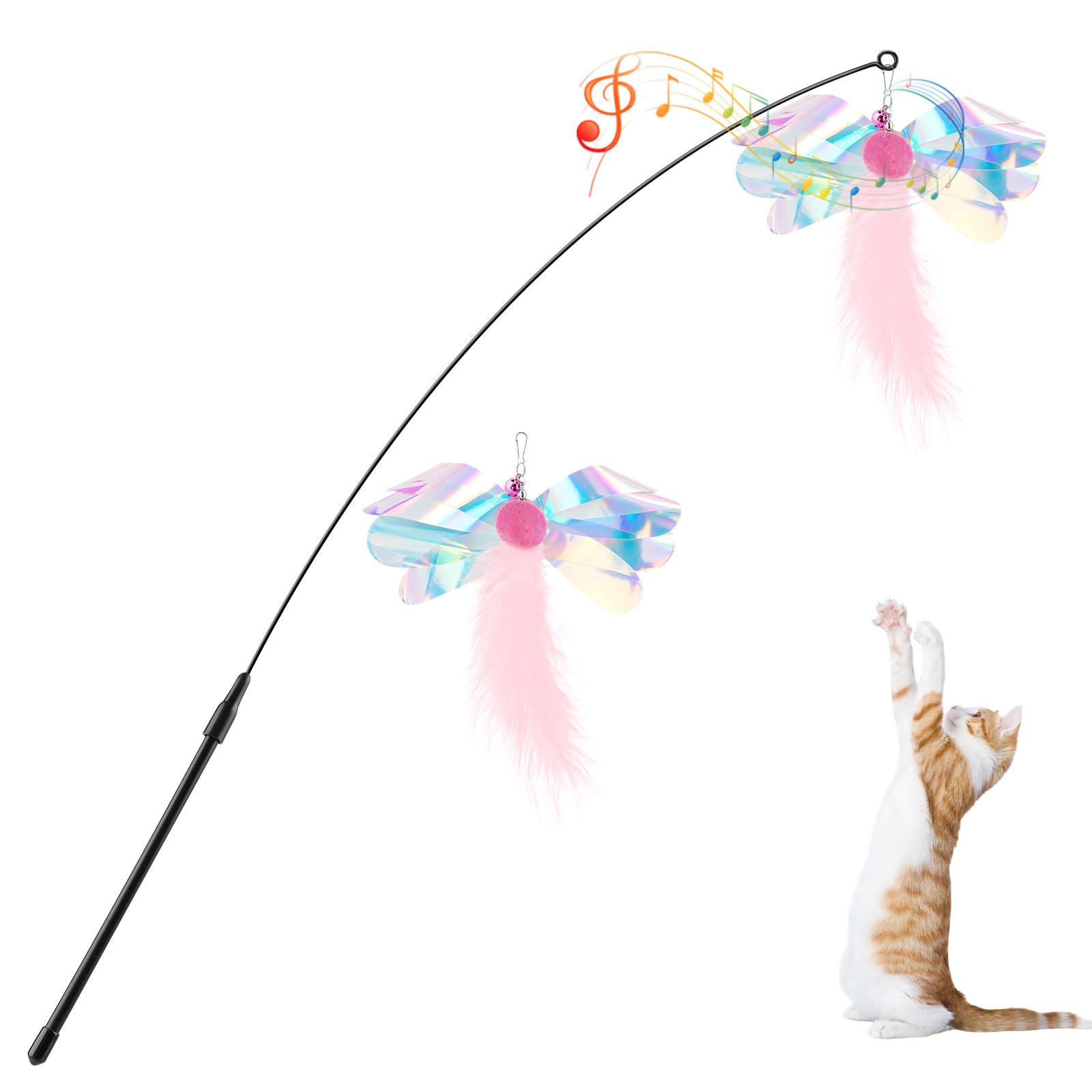 Pawaboo Feather Teaser Cat Toy, Interactive Feather Wand Cats Toy Flying Feathers Cat Catcher with Extra Long 34.5" Wand and Small Bell, Exerciser Playing Toys for Kitten or Cats, Pink Butterfly โ image 1