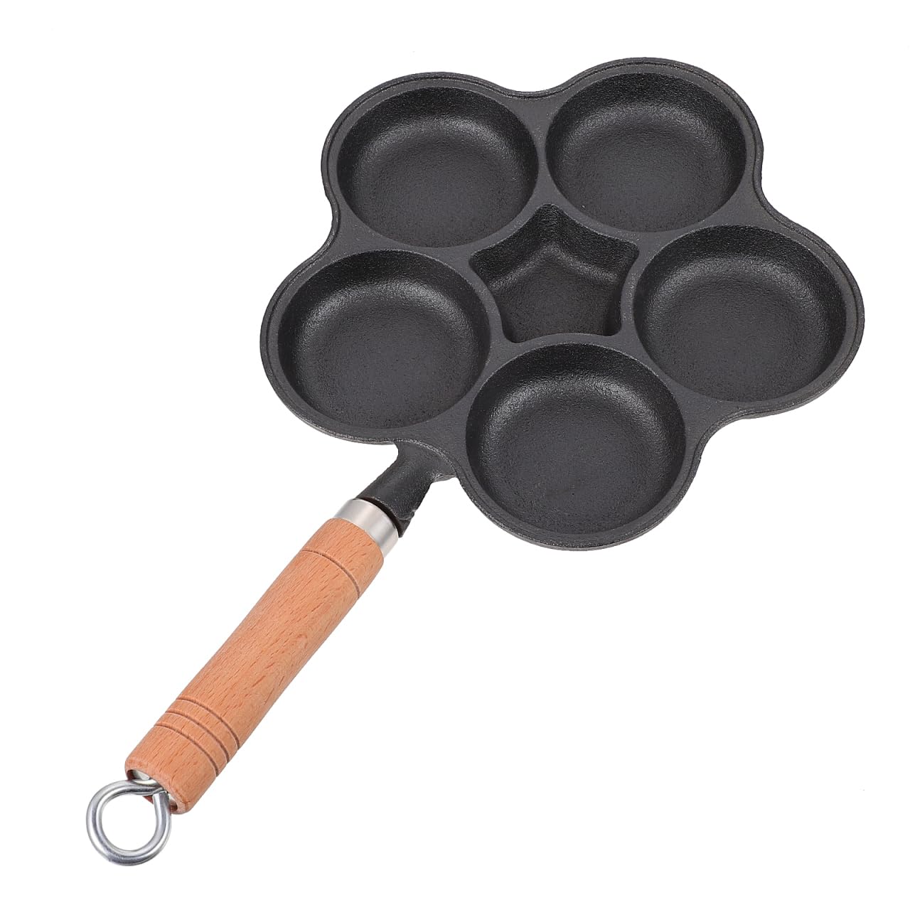 Gusseisen Eierpfanne mit 5 Löchern 5 Fach Spiegelei Pfanne mit Holzgriff Anti Heiß Griff Hamburger Form für Herd Induktion Küchenbratpfanne für Schnelles Kochen