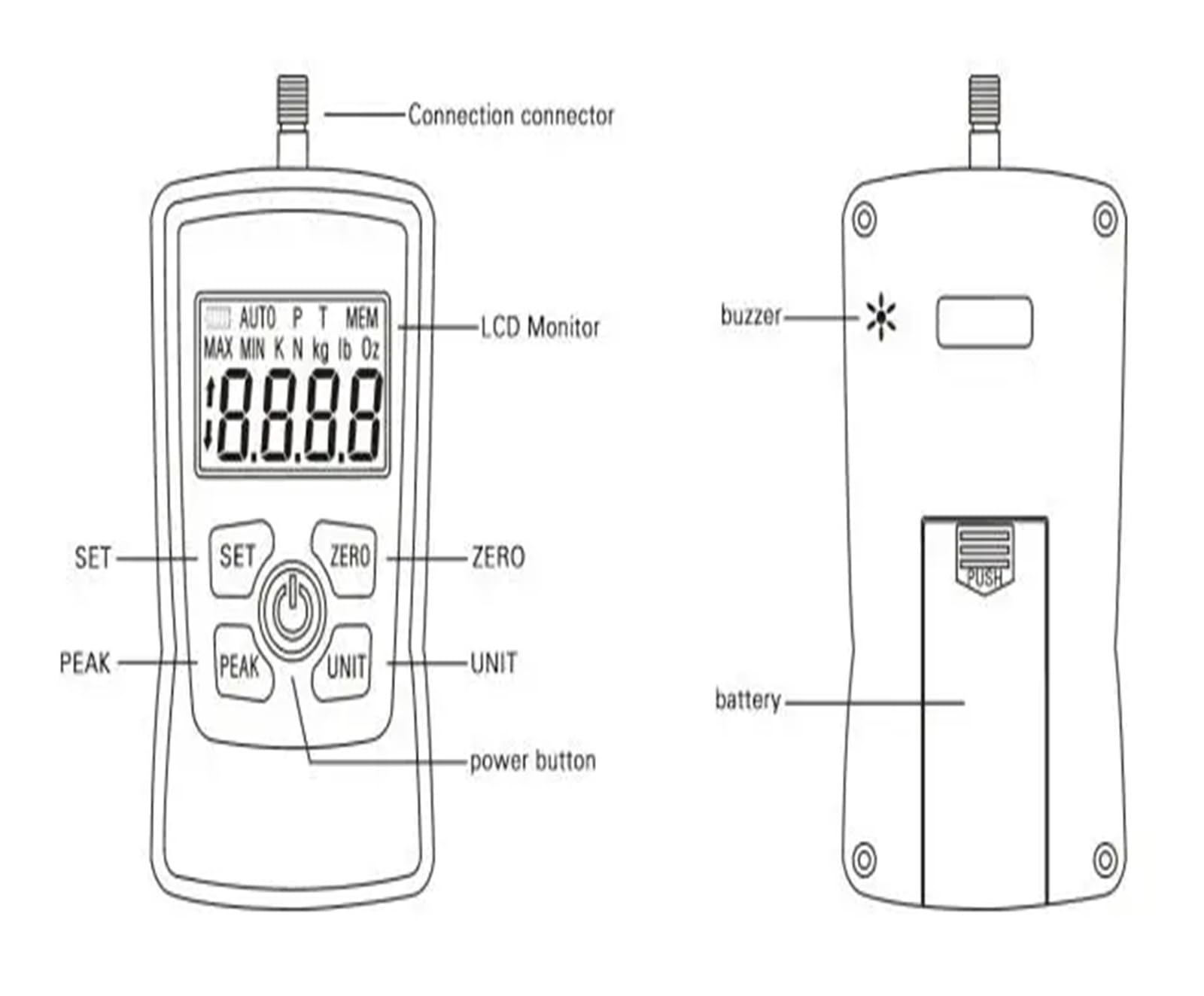 Medidor de fuerza de empuje y tracción digital Medidor dinamométrico portátil Medidor de presión de tracción de alta precisión Probador de tracción portátil(50N)