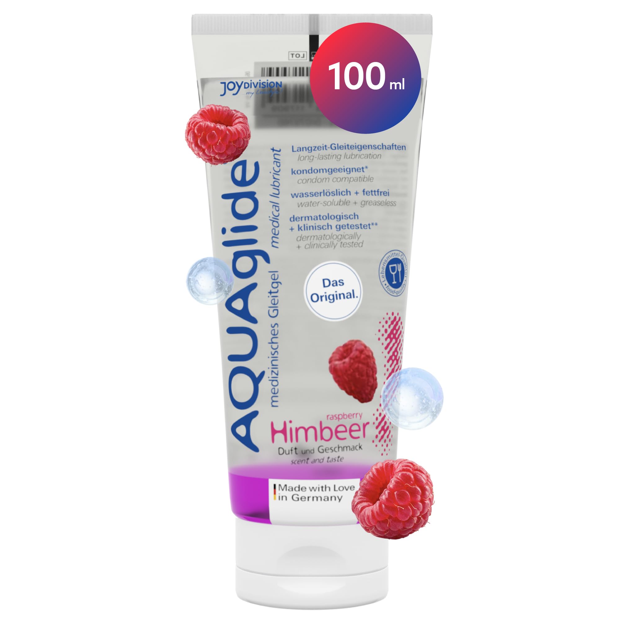 JOYDIVISION AQUAglide Himbeere 100 ml, Veganes Gleitmittel Auf Wasserbasis mit sinnlichem Himbeer Duft, kristallklares Gleitgel geeignet Für Latex-kondome, Ph-optimiert