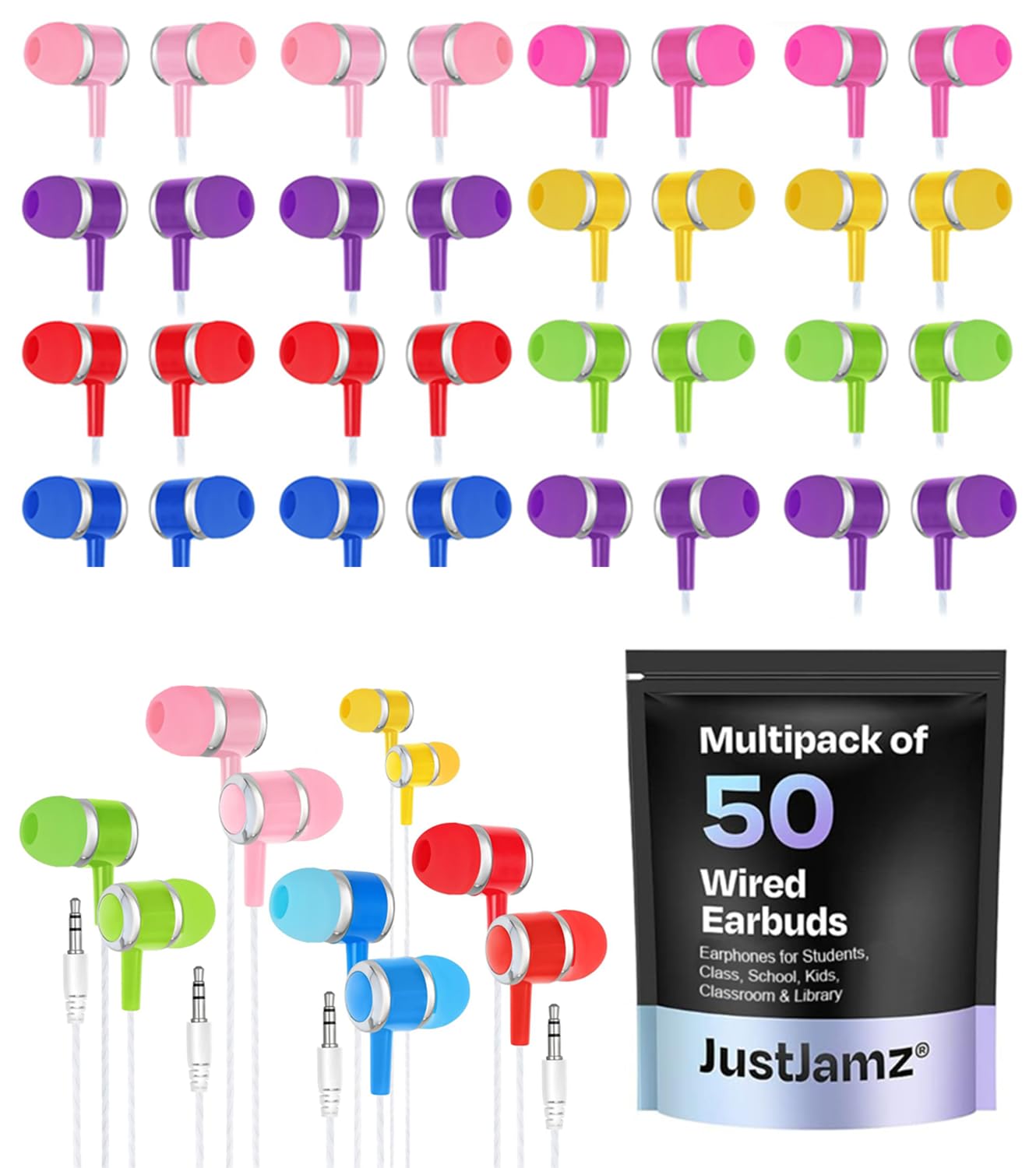 JustJamz Bulk Earbuds – 50 Pack of Colorful Wired Ear Buds for Classroom, Schools, and Students – Disposable Headphones with 3.5mm Jack, Economy for
