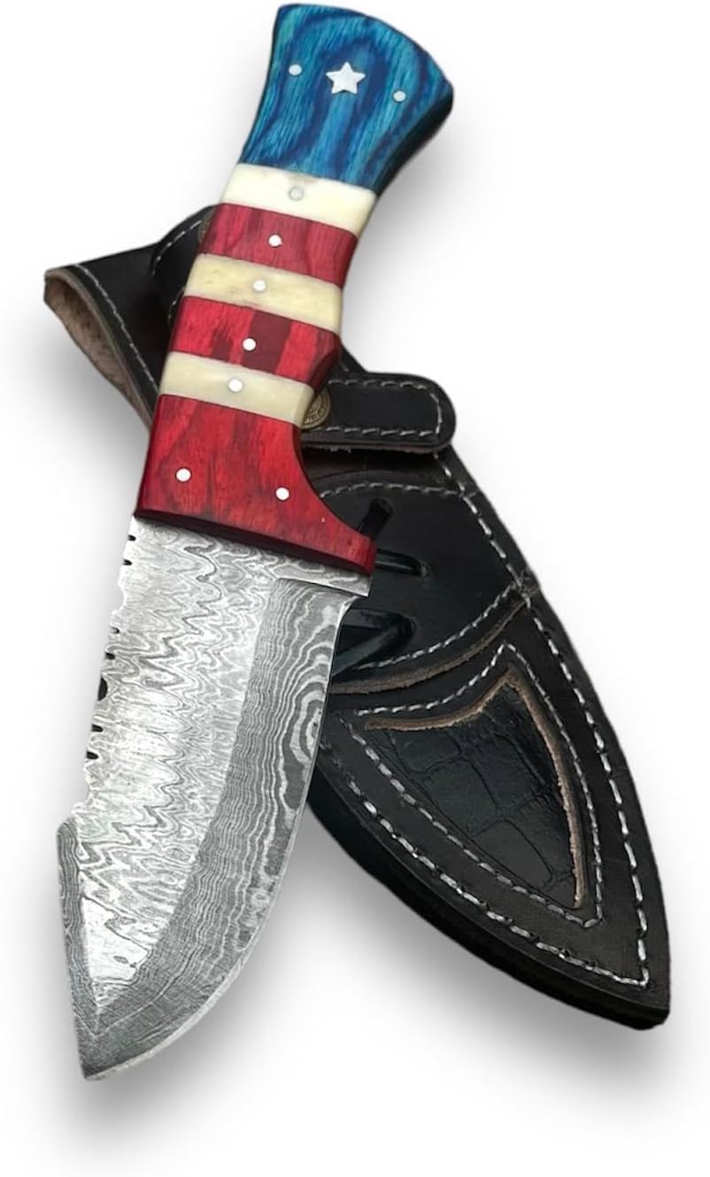 MOHID ENT Custom Handmade Damascus Hunting Skinning Knife with Leather Sheath - Ideal for Skinning, Camping, Outdoor - EDC Fixed Blade Bushcraft Knife with Horizontal Carry Knives For Men-1219
