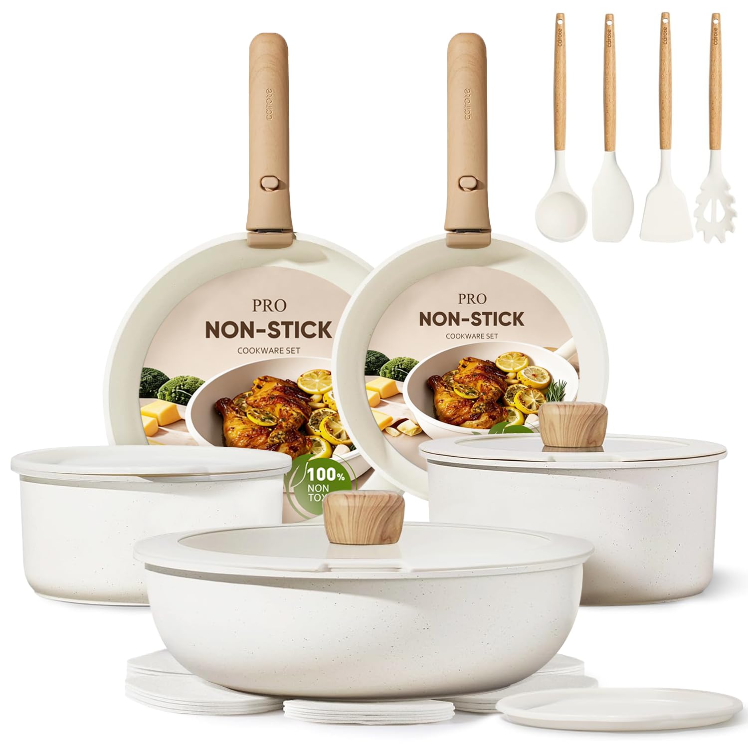 CAROTE 19pcs Pots and Pans Non Stick, Cookware Sets Detachable Handle, Induction Kitchen Pots and Pans,NonStick Cooking Set, Oven/Dishwasher/Fridge Safe, Space Saving