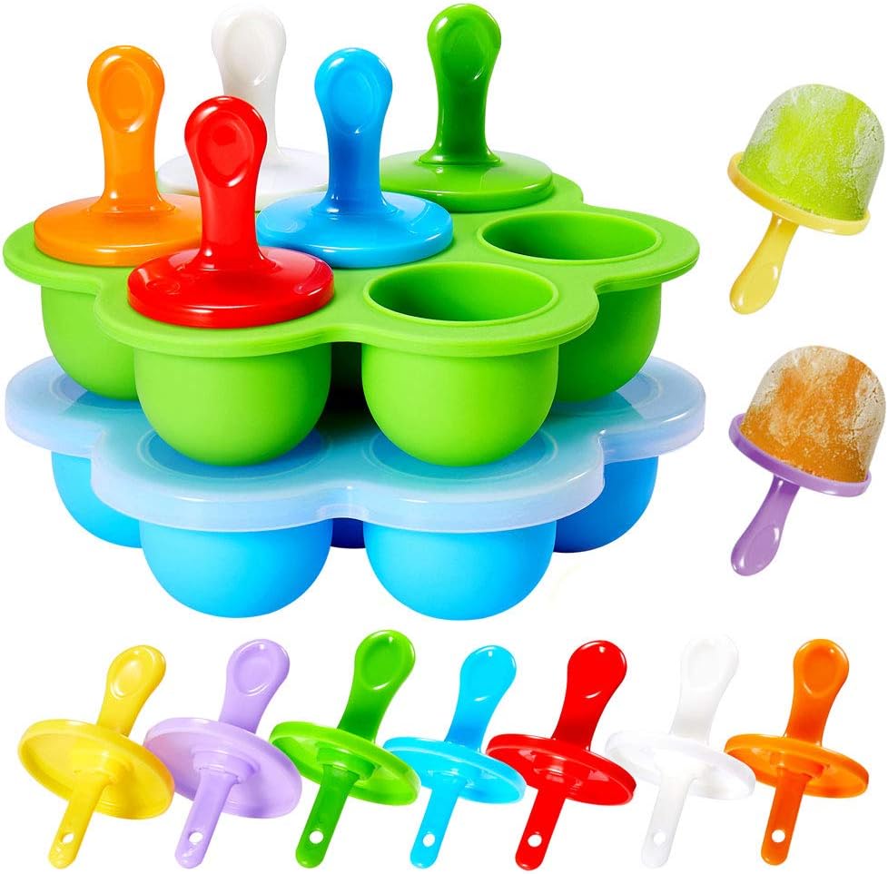 WARMWIND Silicone Pop Mold, Silicone Ice Popsicle, Non-Stick Ice Pop Maker, Baby Food Storage, Food Grade Baby Food Freezer Trays, 14 Plastic Sticks, Blue and Green(Set of 2)